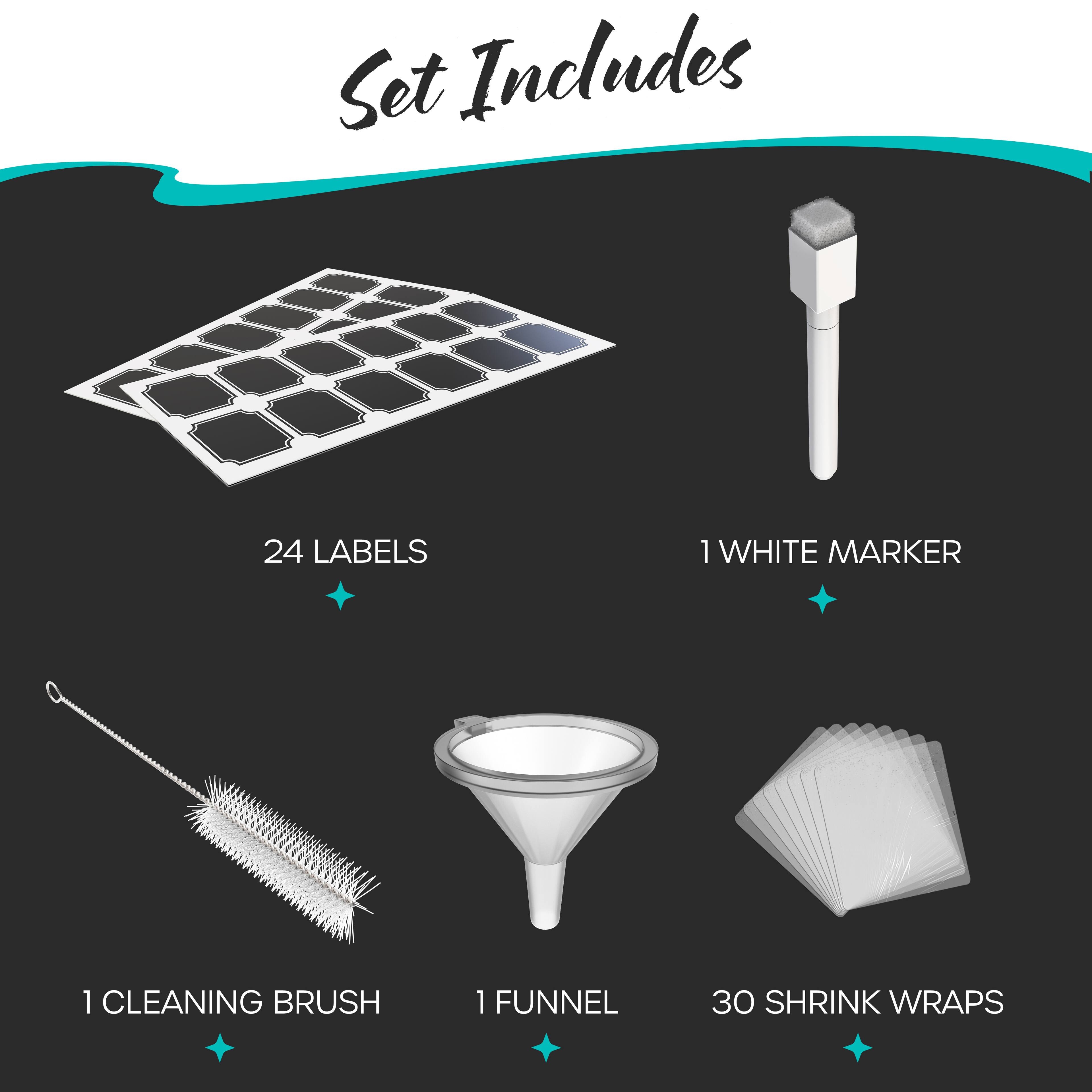 Set Includes

- 24 Labels
- 1 White Marker
- 1 Cleaning Brush
- 1 Funnel
- 30 Shrink Wraps