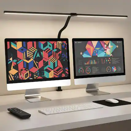 Front. Dazzed Corner - 24W LED Clamp Desk Lamp, Double Head, Remote, Dimmable Gooseneck Black.
