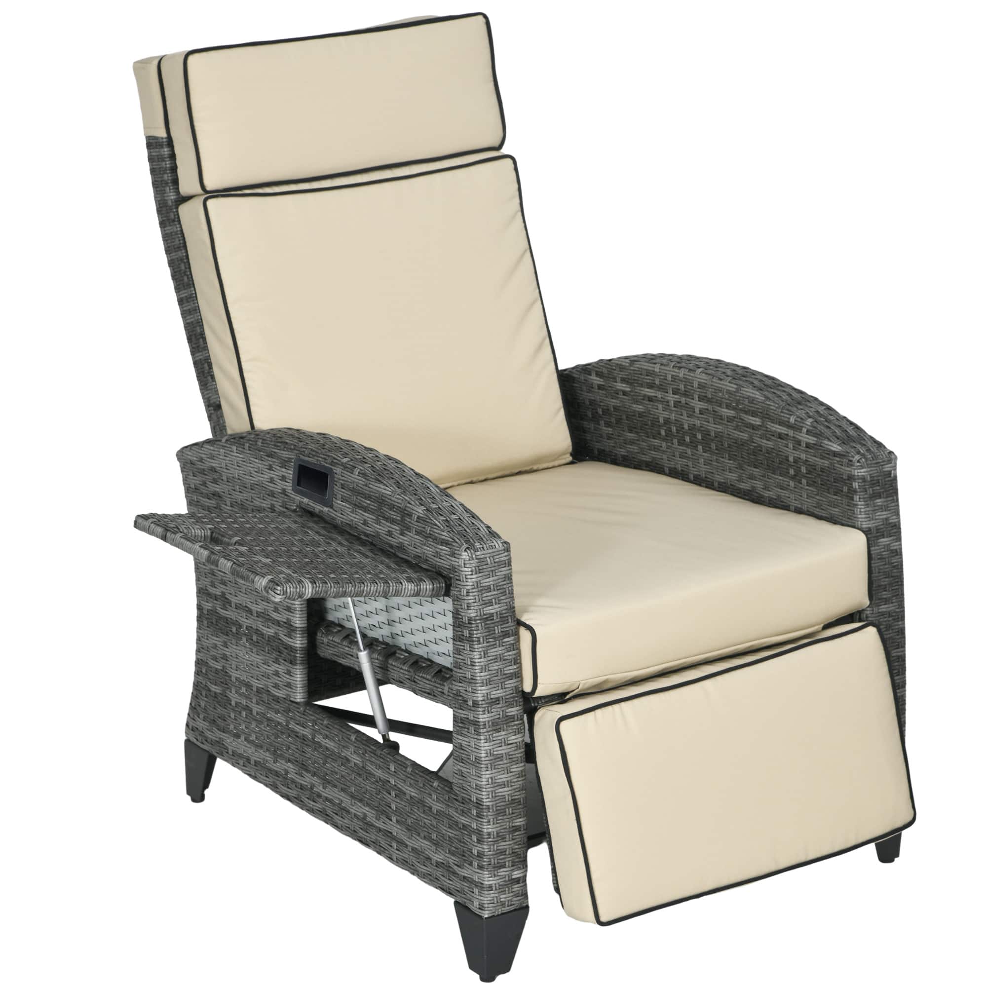 Outsunny - Recliner Chair with Cushions, Reclining Patio Lounge Chair with Adjustable Footrest, Armrests - Khaki