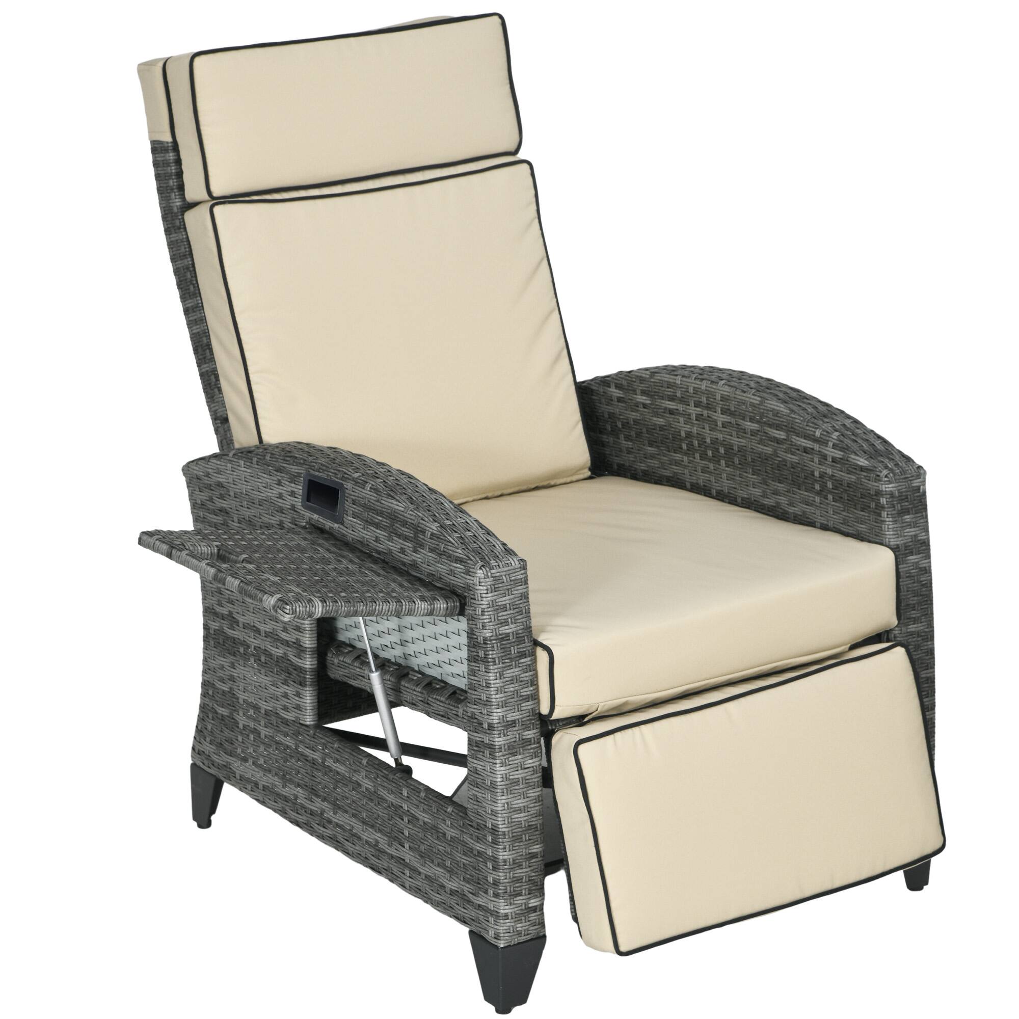Front. Outsunny - Recliner Chair with Cushions, Reclining Patio Lounge Chair with Adjustable Footrest, Armrests - Khaki.
