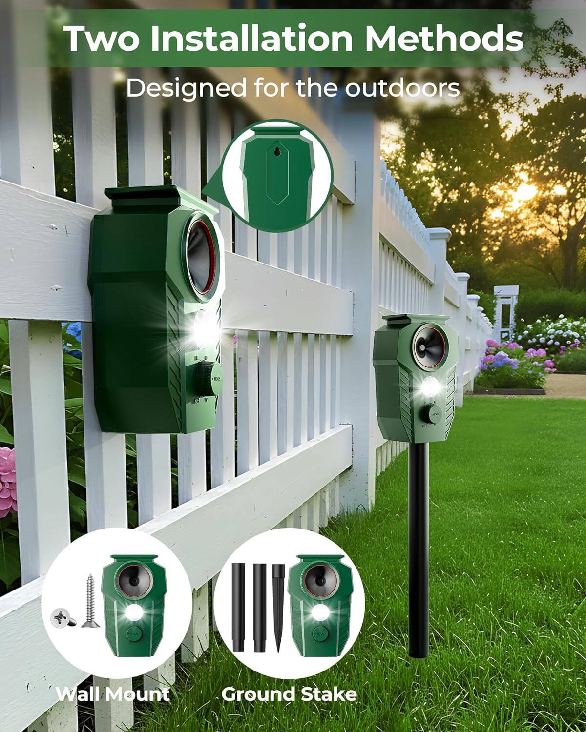 Two Installation Methods  
Designed for the outdoors  
Wall Mount  
Ground Stake
