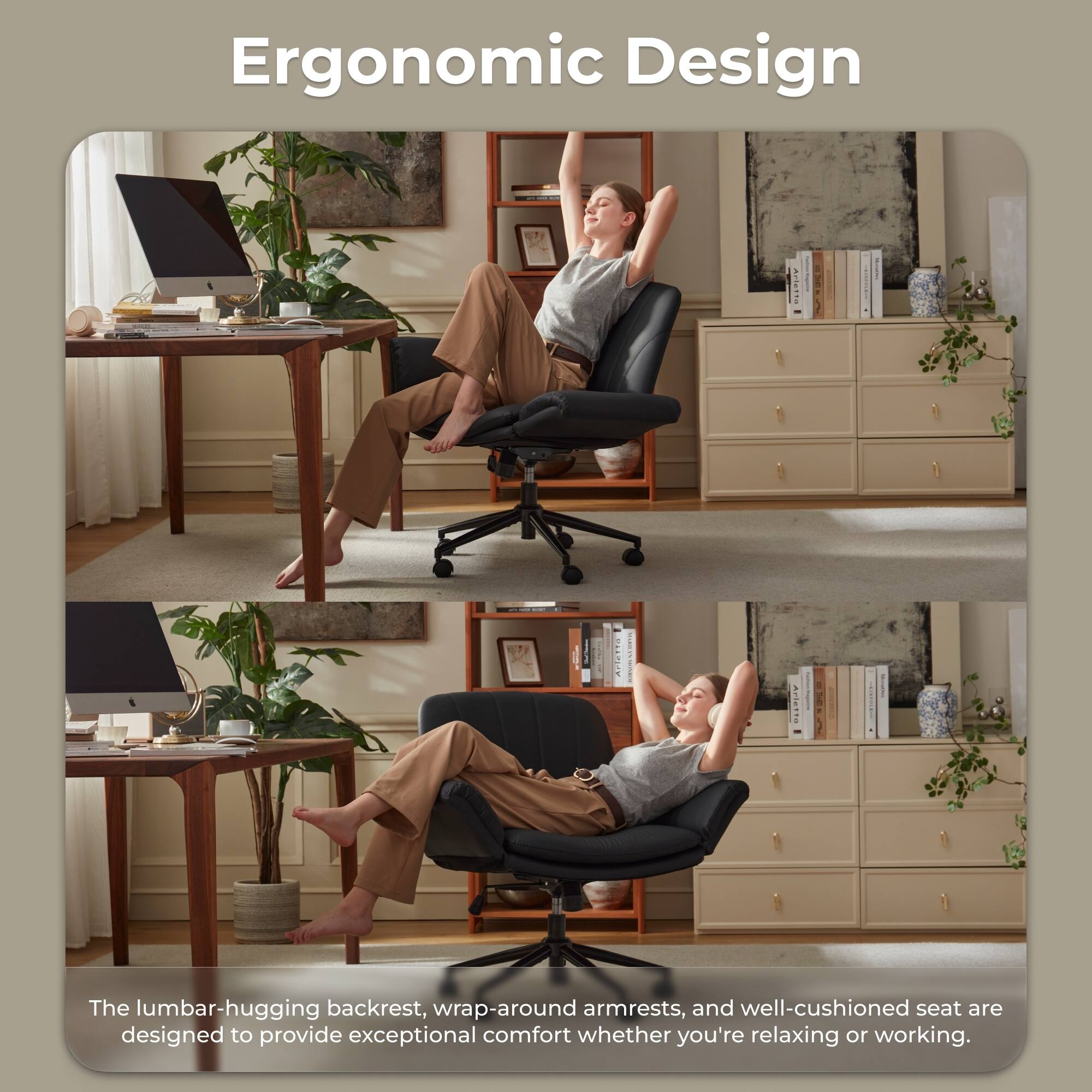 Ergonomic Design

The lumbar-hugging backrest, wrap-around armrests, and well-cushioned seat are designed to provide exceptional comfort whether you're relaxing or working.