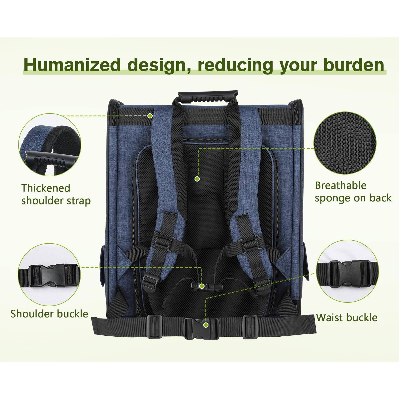 Humanized design, reducing your burden

- Thickened shoulder strap
- Breathable sponge on back
- Shoulder buckle
- Waist buckle
