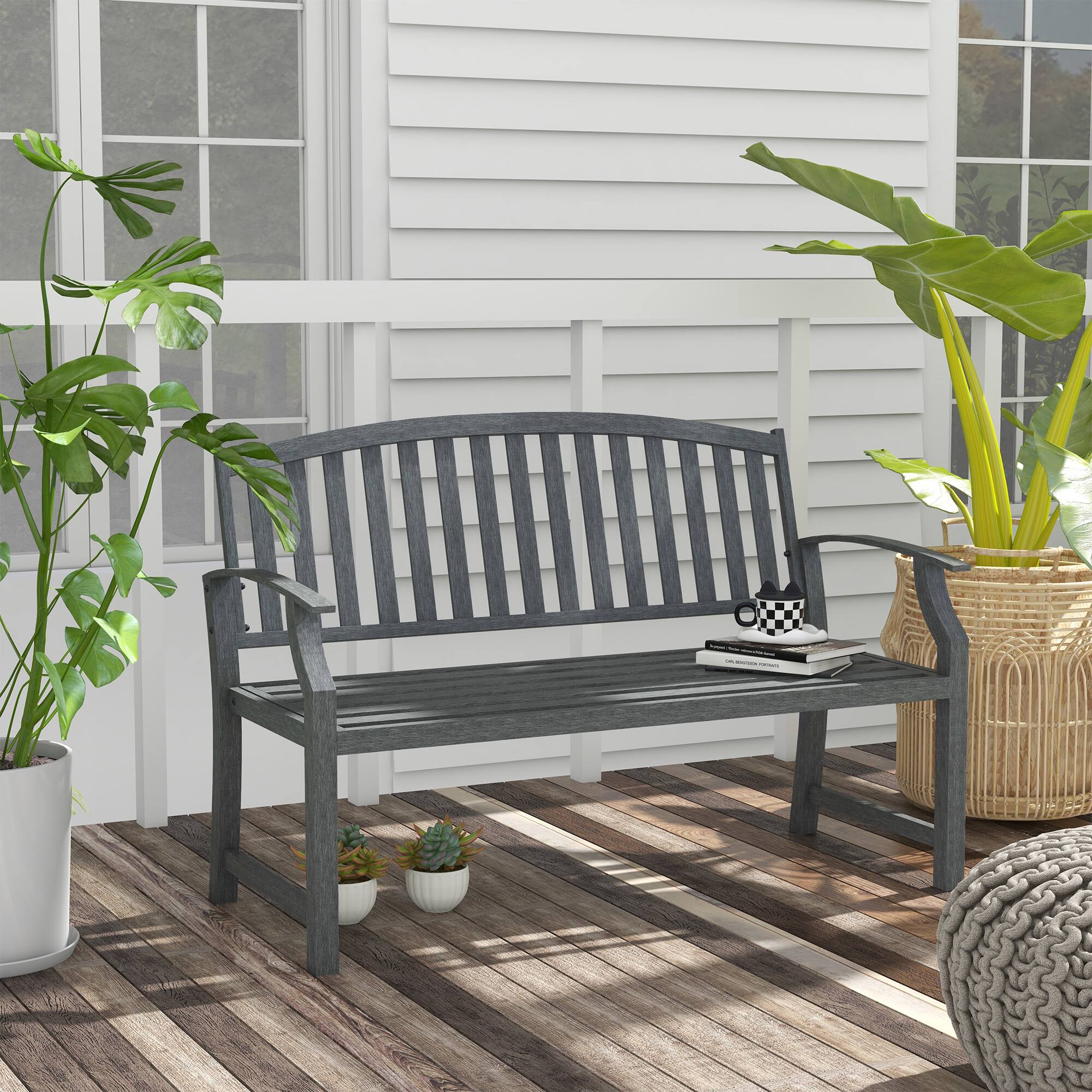 Alt View 1. Outsunny - 46" Outdoor Garden Bench, Metal Bench, Wood Look Slatted Frame Furniture for Patio, Park, Porch, Lawn, Yard, Deck - Gray.