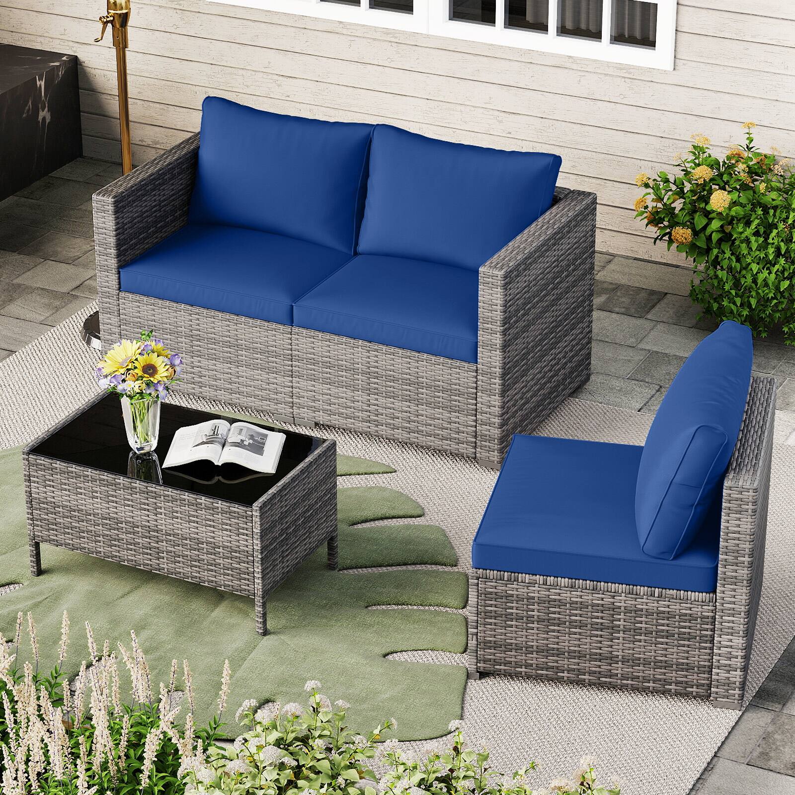 Alt View 3. Gymax - Gymax Set of 3 Patio Sectional Sofa Set PE Rattan Modular Couch Furniture Set w/Cushions Navy - Blue.