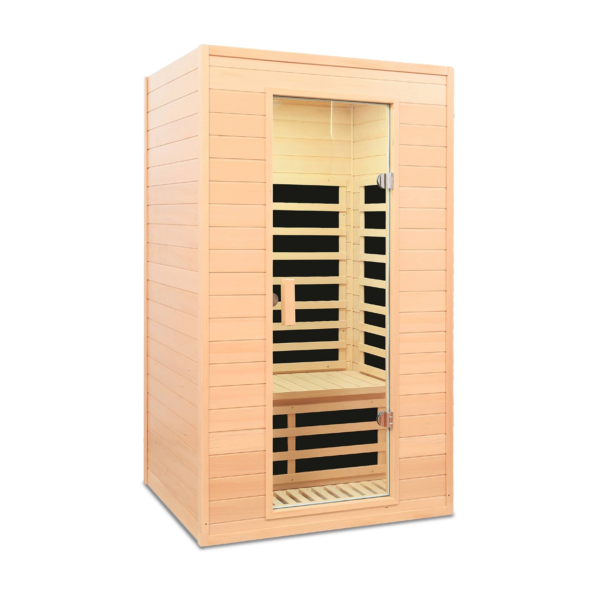 Front. RYHNUYNE - Hemlock Two-Person Far Infrared Sauna, Roof-Embedded Indoor Design, 5 Heaters, 1500W, Bluetooth, LED Light, 43.11 - Natural Wood.