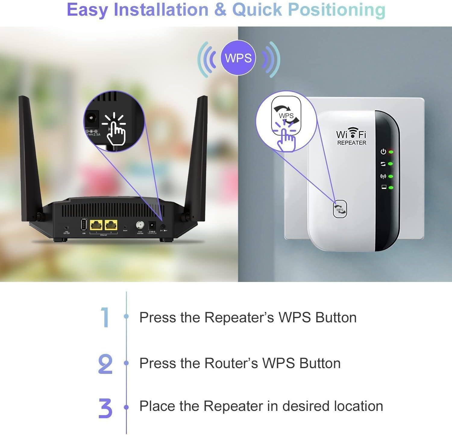 Easy Installation & Quick Positioning

1. Press the Repeater's WPS Button
2. Press the Router's WPS Button
3. Place the Repeater in desired location