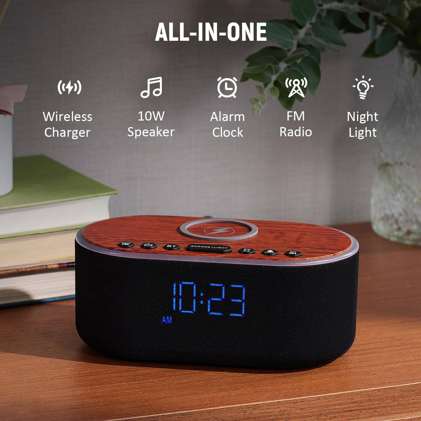 ALL-IN-ONE

- Wireless Charger
- 10W Speaker
- Alarm Clock
- FM Radio
- Night Light

10:23 AM
