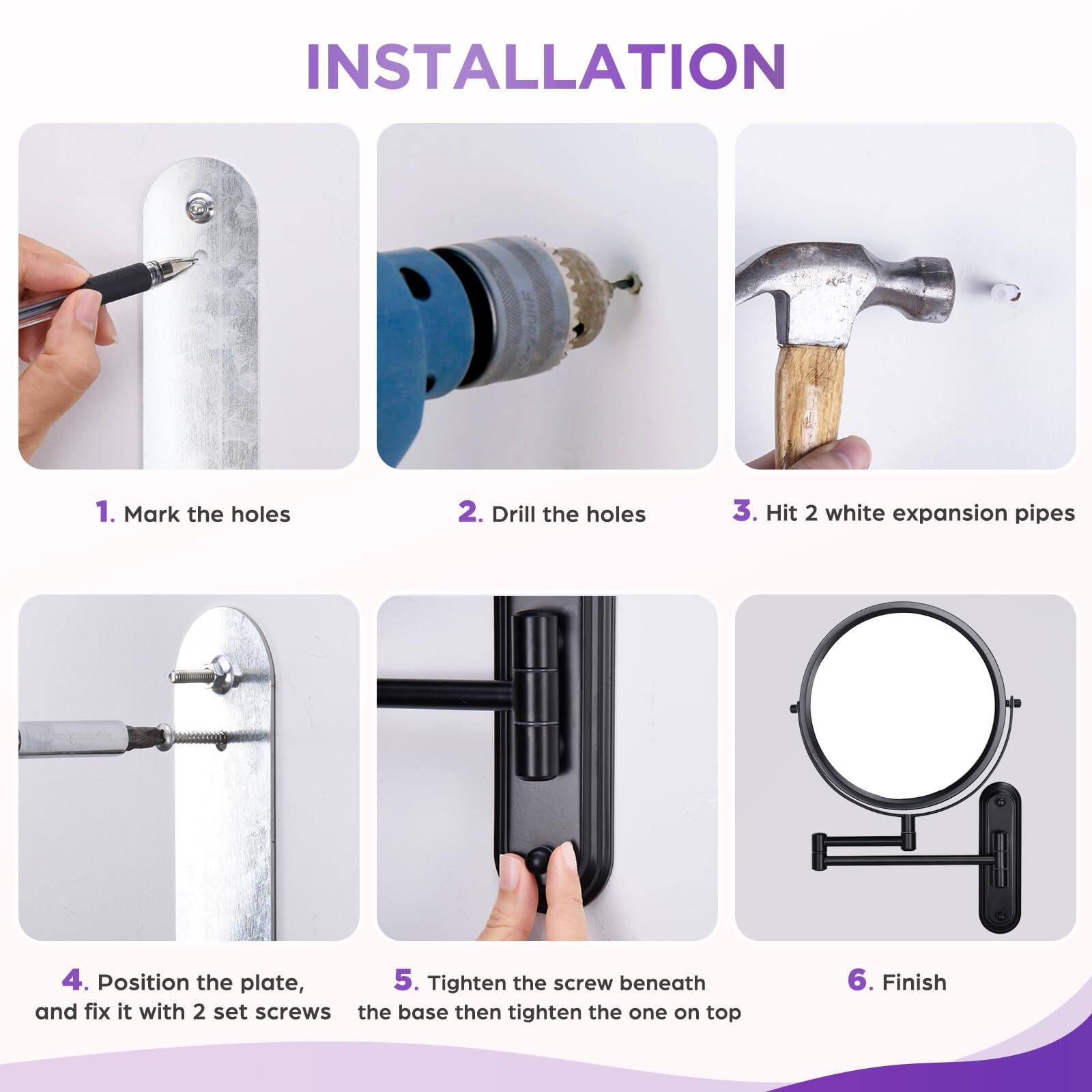 **INSTALLATION**

1. Mark the holes
2. Drill the holes
3. Hit 2 white expansion pipes
4. Position the plate, and fix it with 2 set screws
5. Tighten the screw beneath the base then tighten the one on top
6. Finish