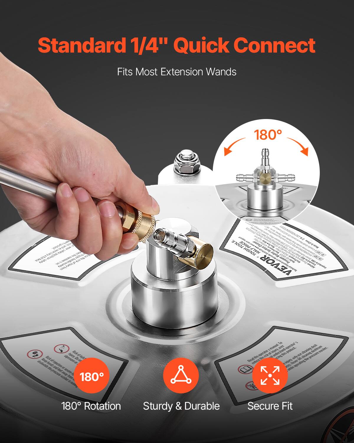 Standard 1/4" Quick Connect  
Fits Most Extension Wands  

180° Rotation  
Sturdy & Durable  
Secure Fit