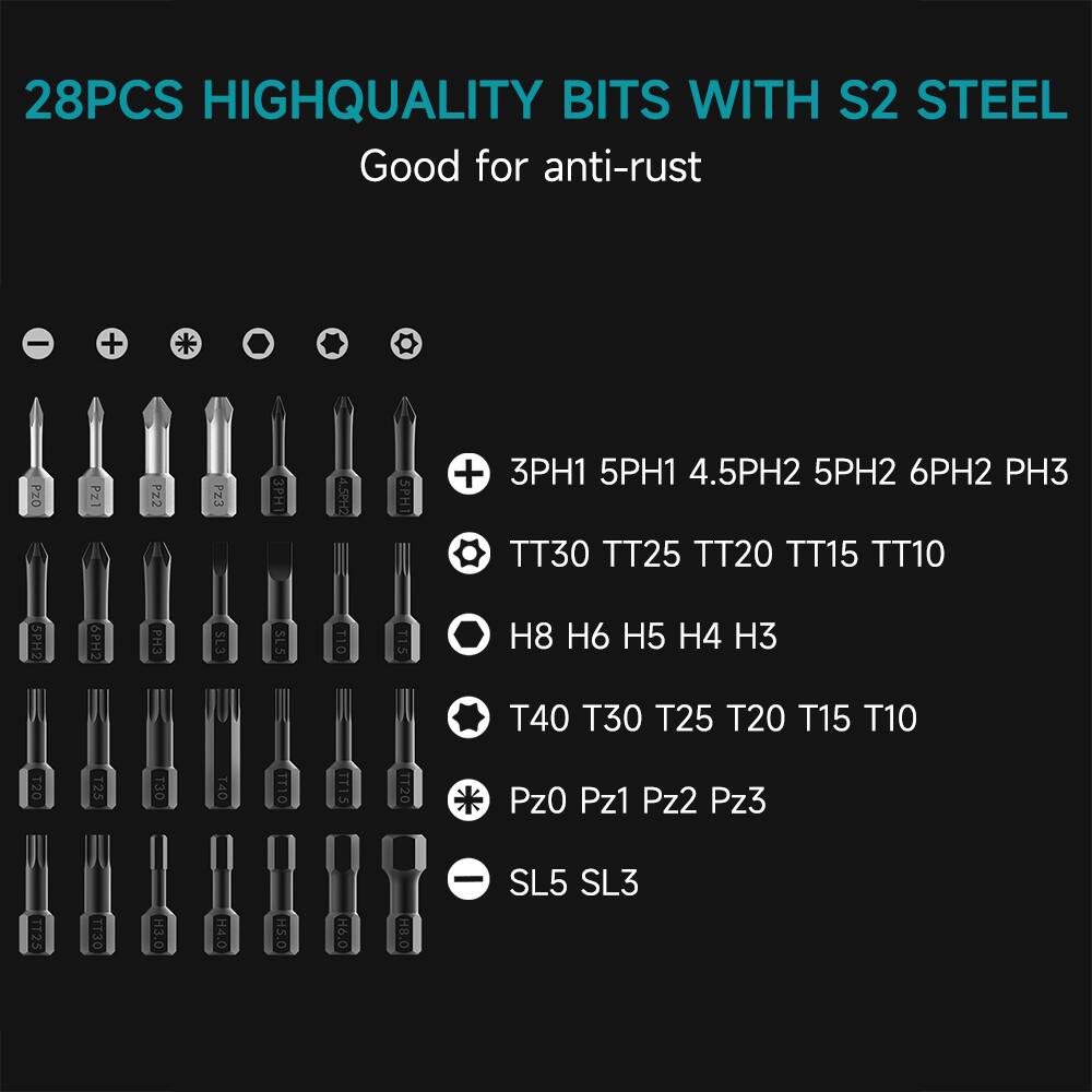28PCS HIGHQUALITY BITS WITH S2 STEEL  
Good for anti-rust  

- 3PH1 5PH1 4.5PH2 5PH2 6PH2 PH3  
- TT30 TT25 TT20 TT15 TT10  
- H8 H6 H5 H4 H3  
- T40 T30 T25 T20 T15 T10  
- Pz0 Pz1 Pz2 Pz3  
- SL5 SL3