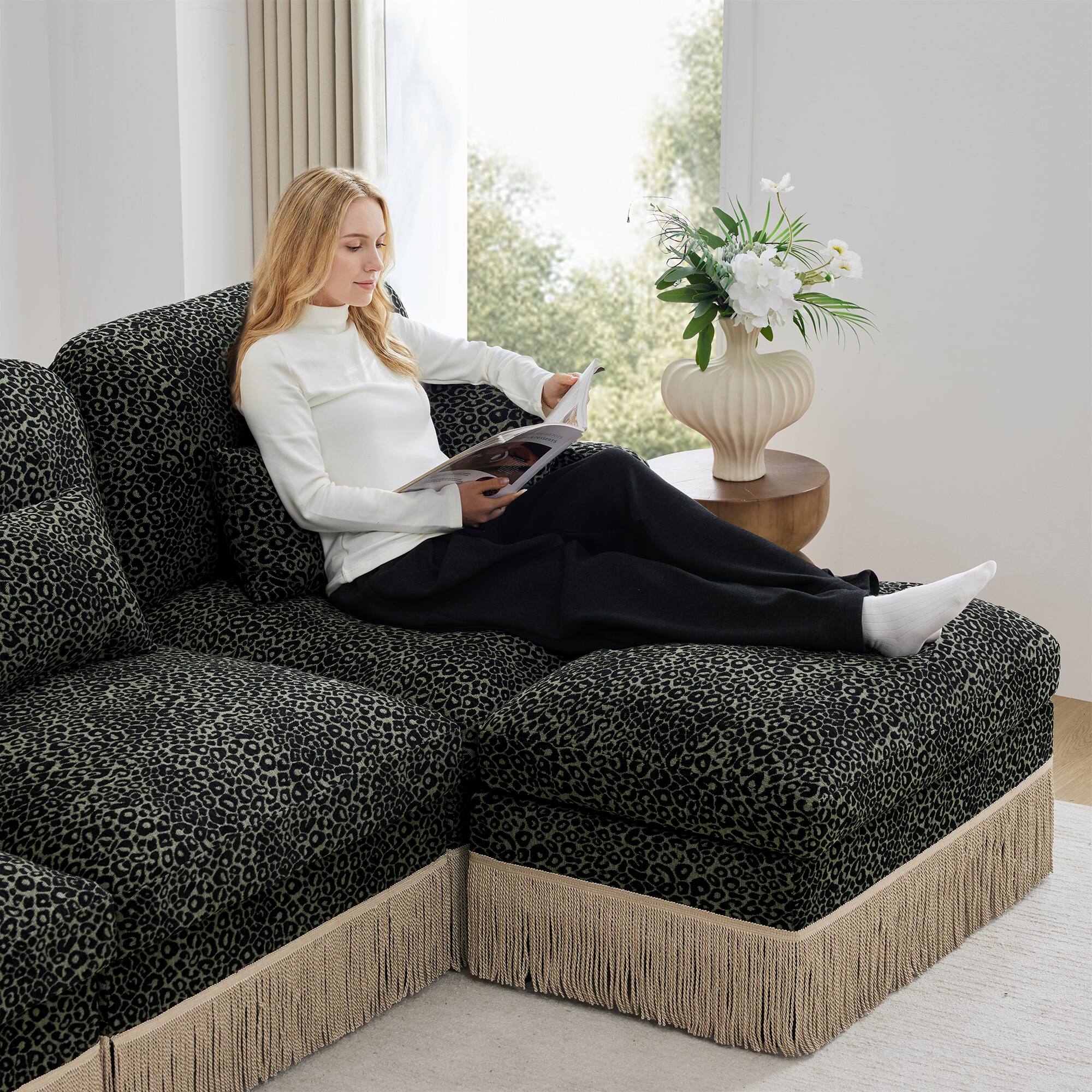 Alt View 2. Anysun - Modern Fashion Style L-Shaped Chenille Leopard Print Sofa with Movable Ottoman & Tassel Edge, Easy Assembly, Deep Seat - Green.