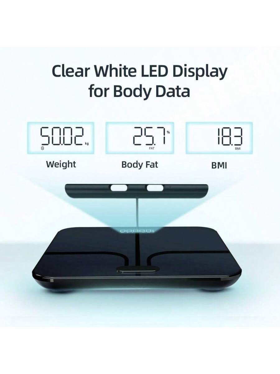 Clear White LED Display for Body Data

Weight: 50.02 kg

Body Fat: 25.7%

BMI: 18.3