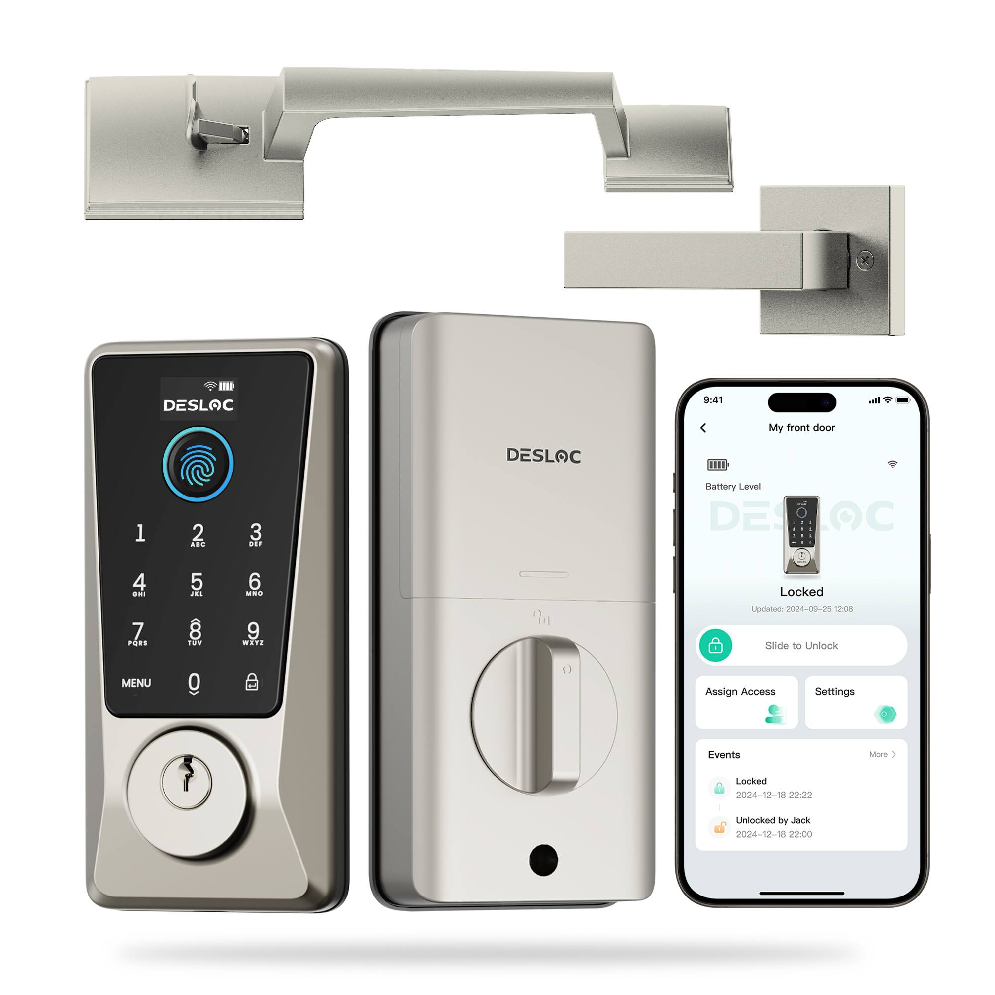 x III DESLOC ra. Ib My front door DESLOC 81D 1 2 ... 3 mie Battery Level DEROO 4 sa. 5 dis 6 .. Locked 7 ras 8 ide 9 WiTI EF Updated 2004-00 C 17:00 Slide D0 Unlock MENU 0 Assign Access Settings Events More 1 Locked 2024-12-18 22:22 Unlocked by Jack 2024-12-18 15 22:00