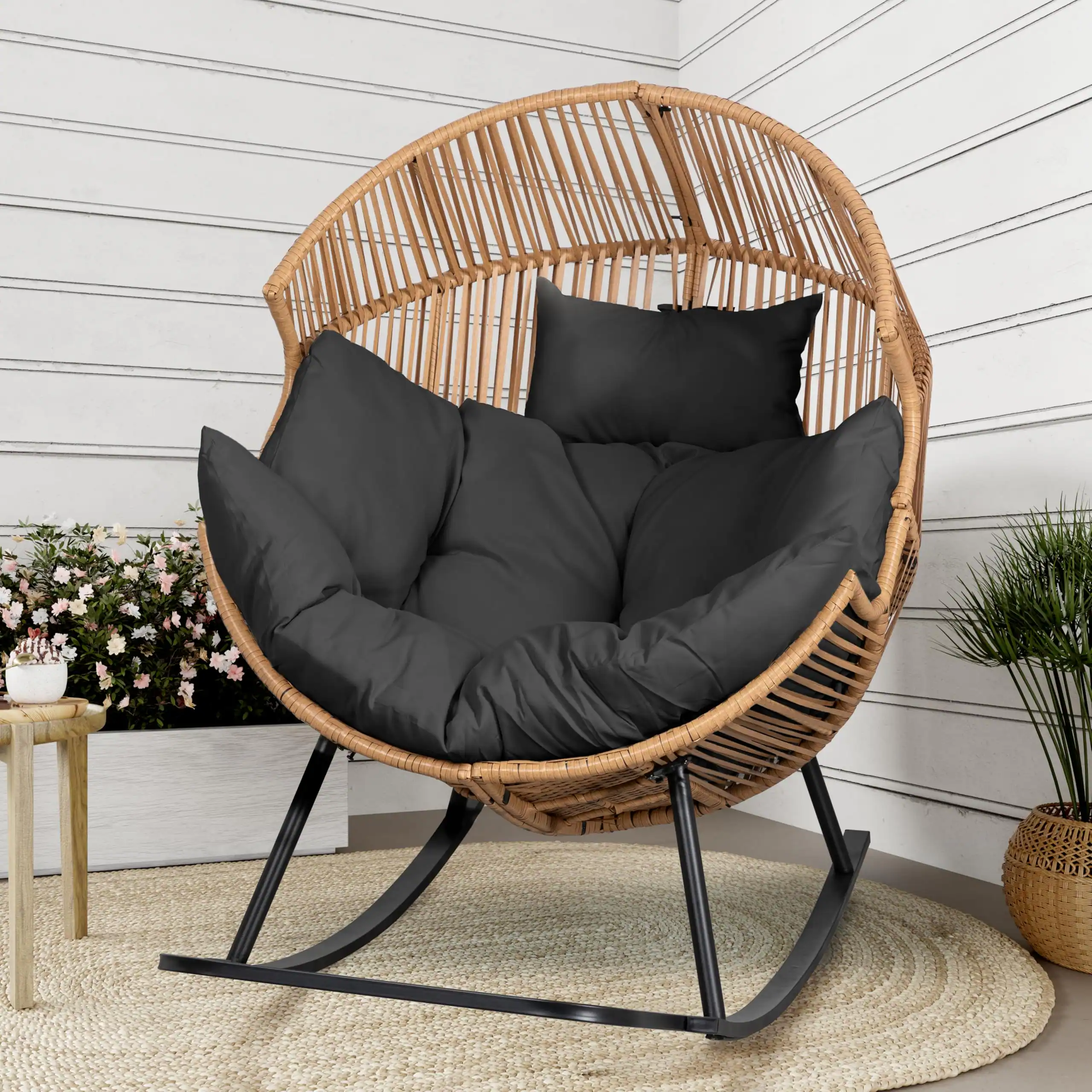 Fabibe - Wicker Egg Chair,Oversized Outdoor Indoor Rocking Chair,Large PE Rattan Rocking Chair with Cushion for Patio - Default