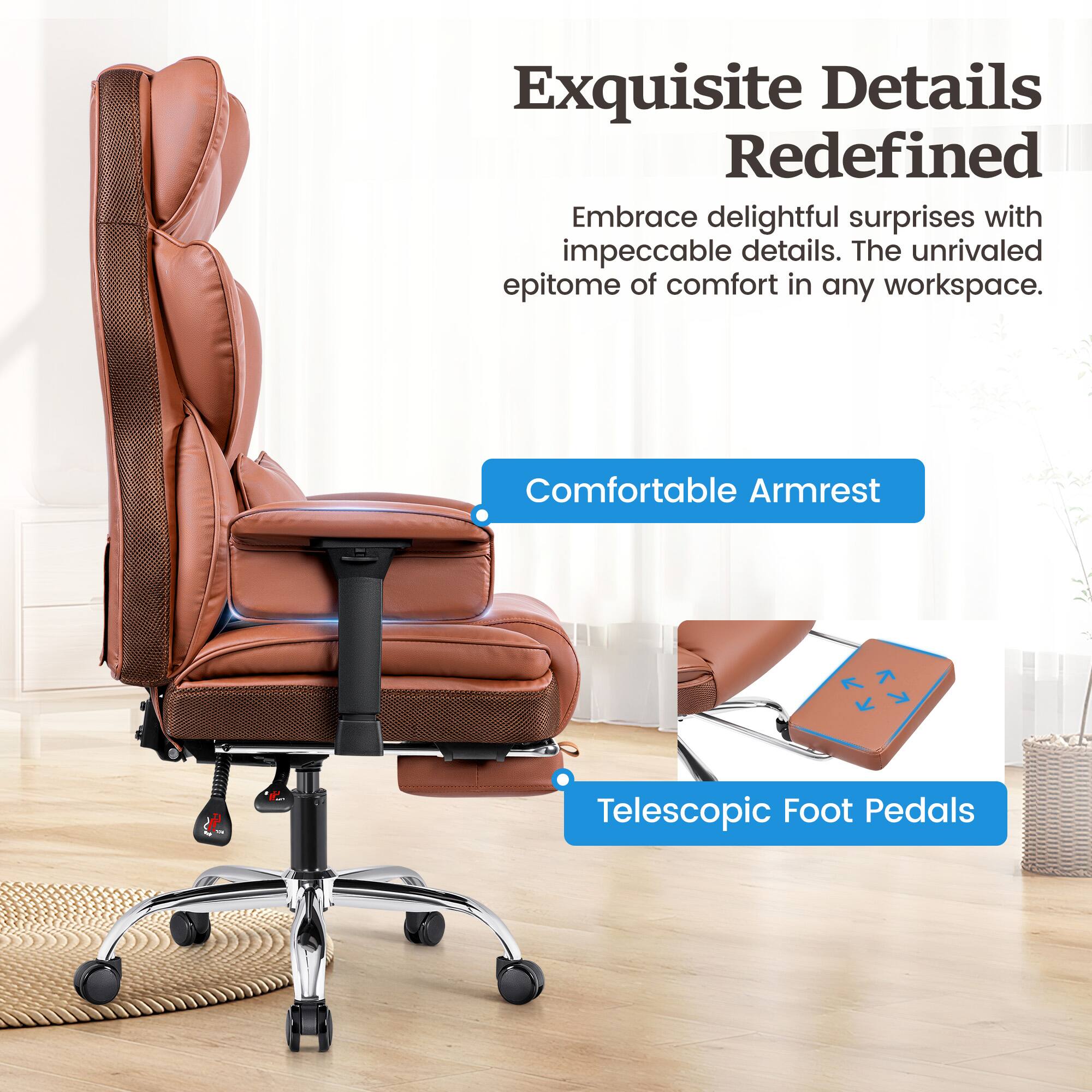 Exquisite Details Redefined Embrace delightful surprises with impeccable details. The unrivaled epitome of comfort in any workspace. Comfortable Armrest, Telescopic Foot Pedals.