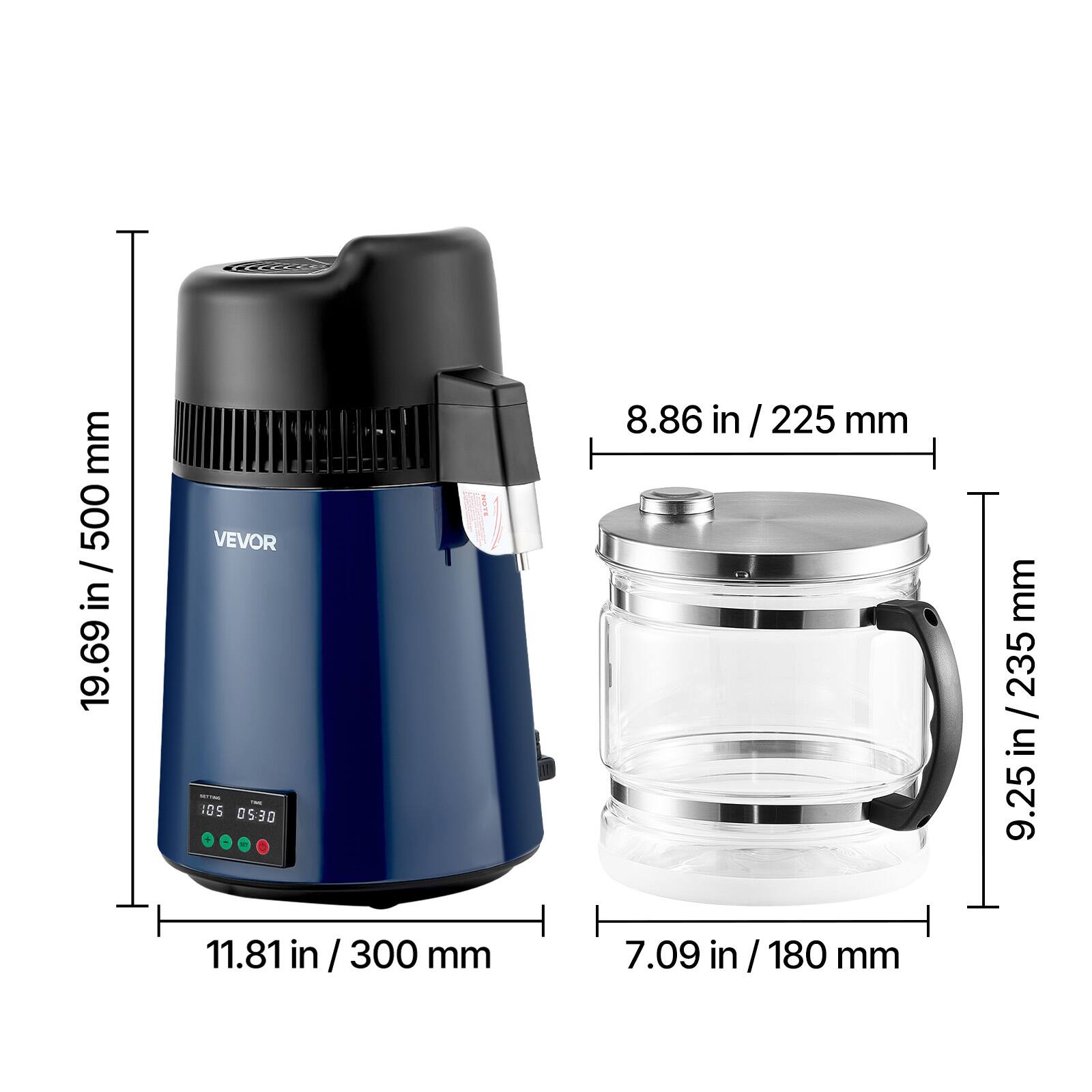 mm 500 / 19.69 in / 500 19.69  
CCCO VEVOR MITTING 105 05:30 11.81 in/300mm  
8.86 in / 225 mm 7.09 in /180 mm  
mm 235 / in 9.25