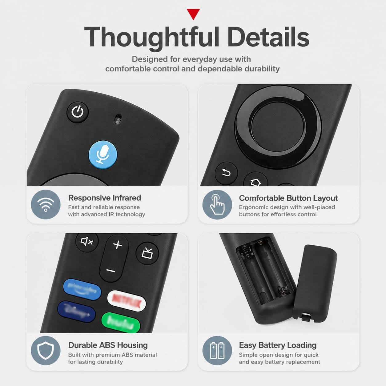Thoughtful Details  
Designed for everyday use with comfortable control and dependable durability  

Responsive Infrared  
Fast and reliable response with advanced IR technology  

Comfortable Button Layout  
Ergonomic design with well-placed buttons for effortless control  

Durable ABS Housing  
Built with premium ABS material for lasting durability  

Easy Battery Loading  
Simple open design for quick and easy battery replacement