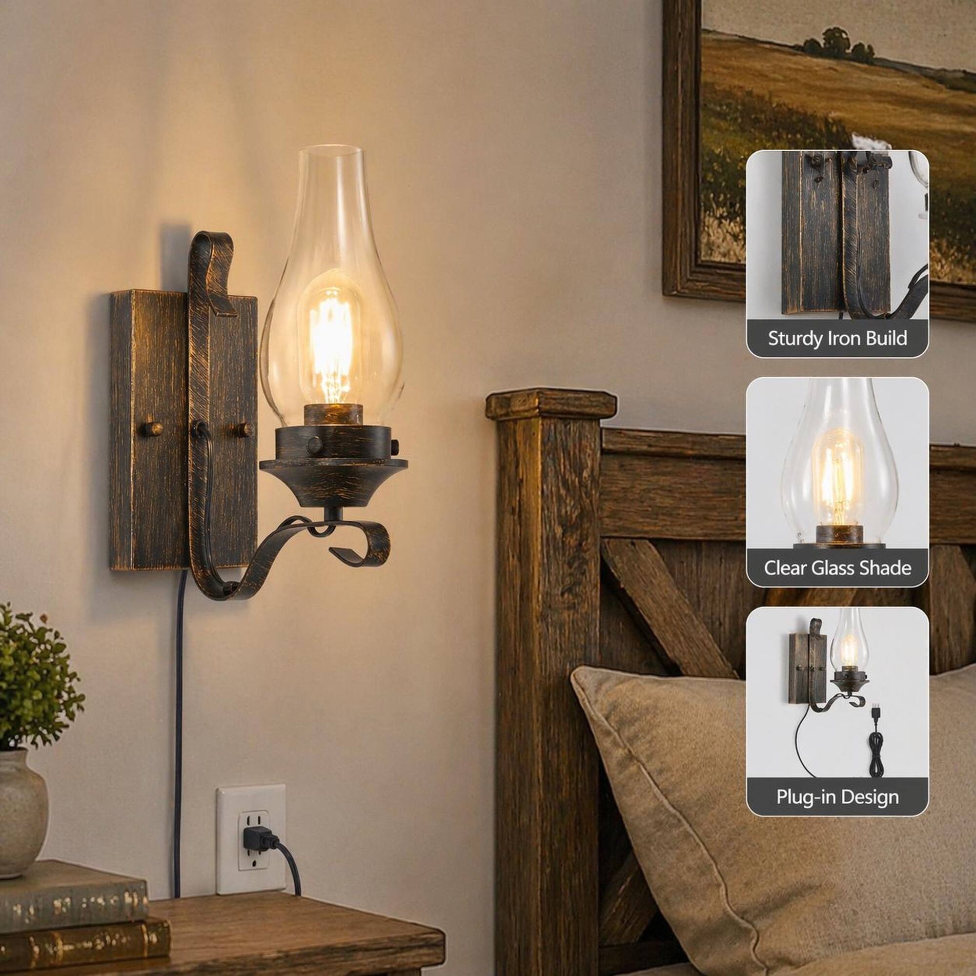 Sturdy Iron Build  
Clear Glass Shade  
Plug-in Design