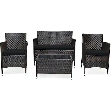 Front. Kadyn - 4 Pieces Comfortable Outdoor Rattan Sofa Set, Outdoor Furniture Garden Conversation Sets with Glass Coffee Table-Gray - Black.