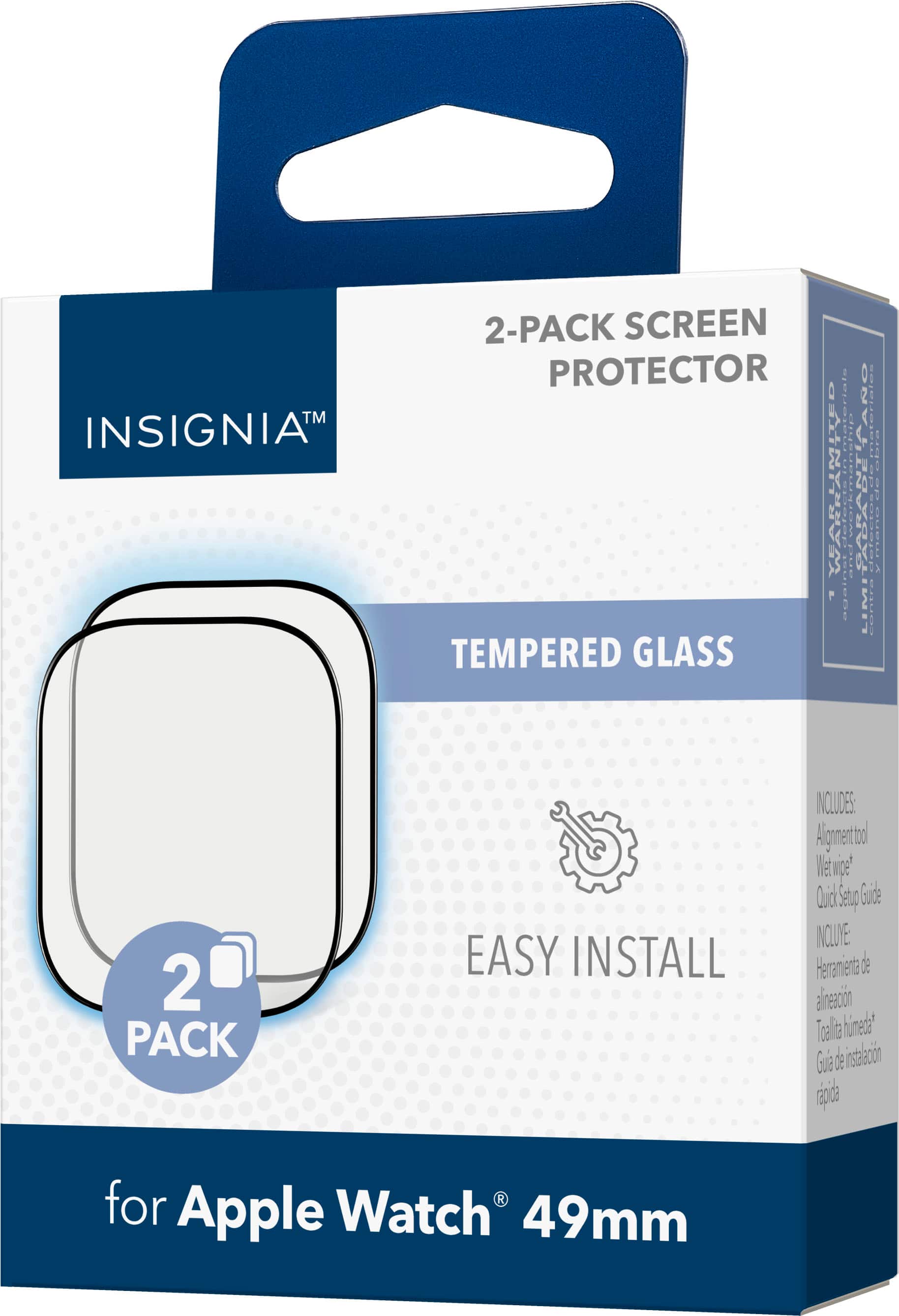 2-PACK SCREEN PROTECTOR INSIGNIAT TM MATERIALS INSIGNIA TM MATERIALS ierialon ... TABADETARO ... YEARLIMITED WARRANTY 3 ... ... TEMPERED GLASS 2 PACK EASY INSTALL INCLUDED HUMIDIFIED 2 PACK ALUMINUM WET CIGARETTE QUICK TIP GUIDE INCLUDED for Apple Watch 49mm
