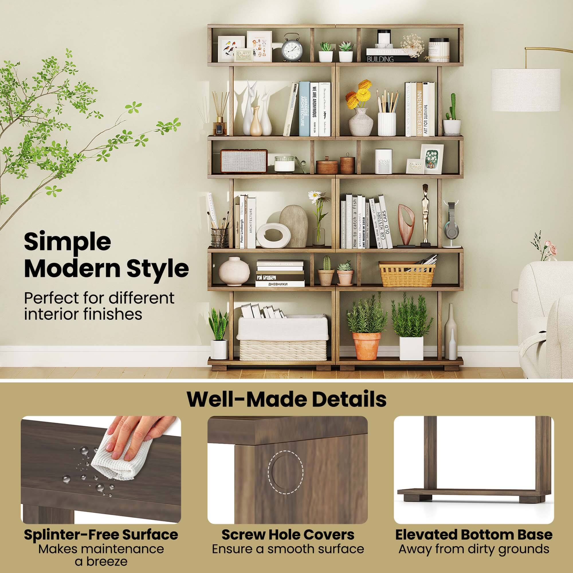The text on the image is grouped and corrected as follows:

"Simple Modern Style: Perfect for different interior finishes. Well-Made Details: Splinter-Free Surface. Makes maintenance a breeze. Screw Hole Covers. Elevated Bottom Base. Ensure a smooth surface. Away from dirty grounds."