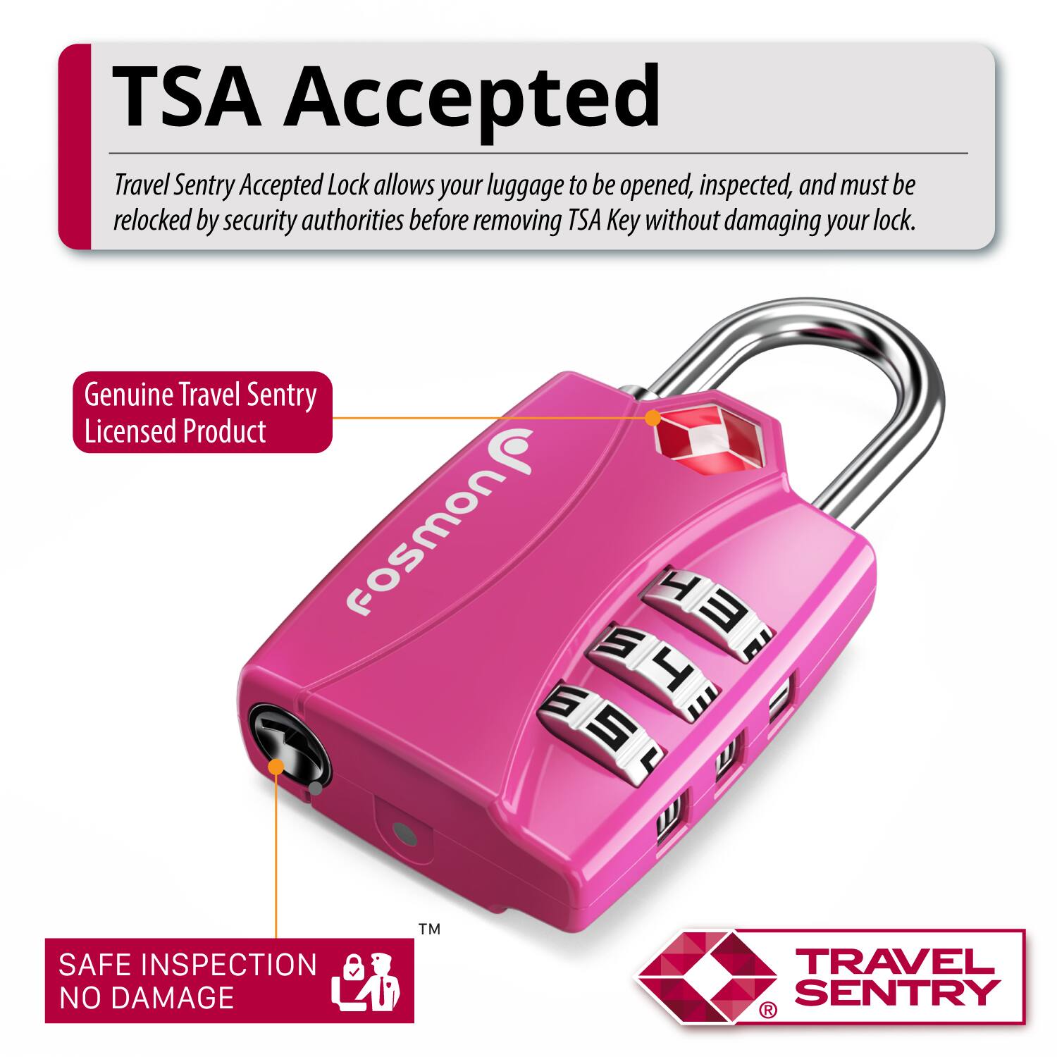 TSA Accepted Travel Sentry Accepted Lock allows your luggage to be opened, inspected, and must be relocked by security authorities before removing TSA Key without damaging your lock. Genuine Travel Sentry Licensed Product. SAFE INSPECTION NO DAMAGE. TRAVEL SENTRY.