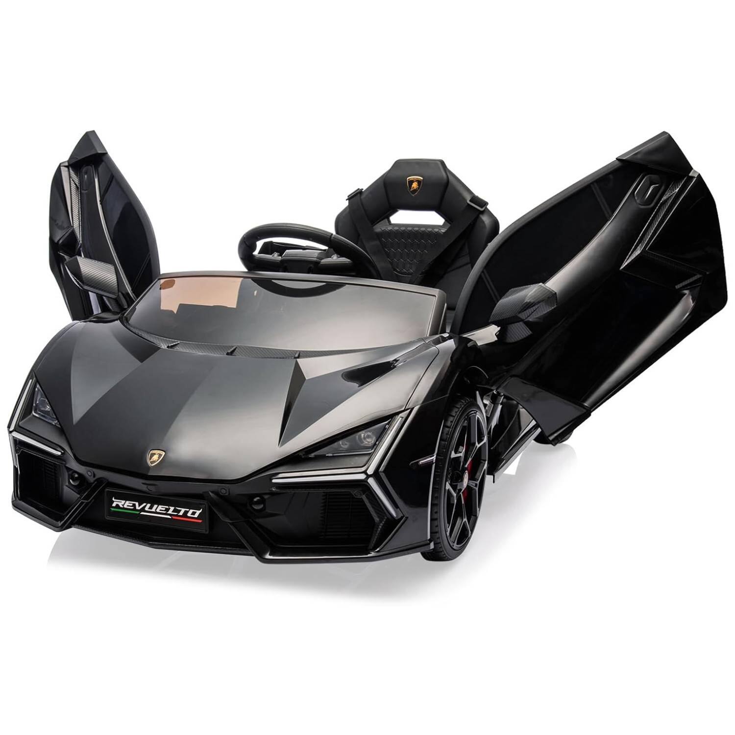 Front. Qeetex - 12V Kids Lamborghini Revuelto Ride-On Car, Electric Sports Car with Remote, Bluetooth, Music & LED - Black.