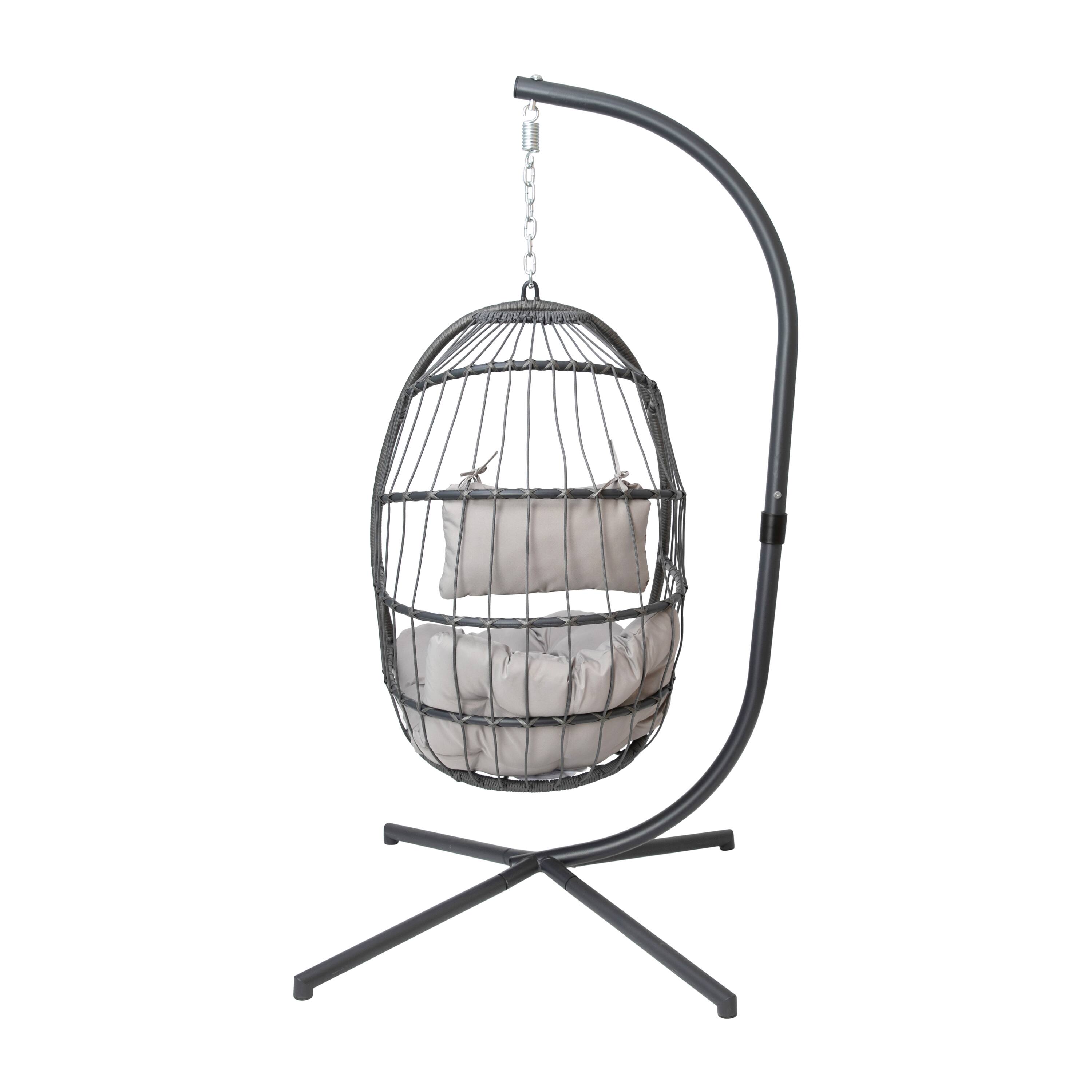 Alt View 8. Emma + Oliver - Awen Foldable Hanging Egg Chair with Woven Finish, Removable Cushions, and Included Stand for Indoor and Outdoor Use - Gray.