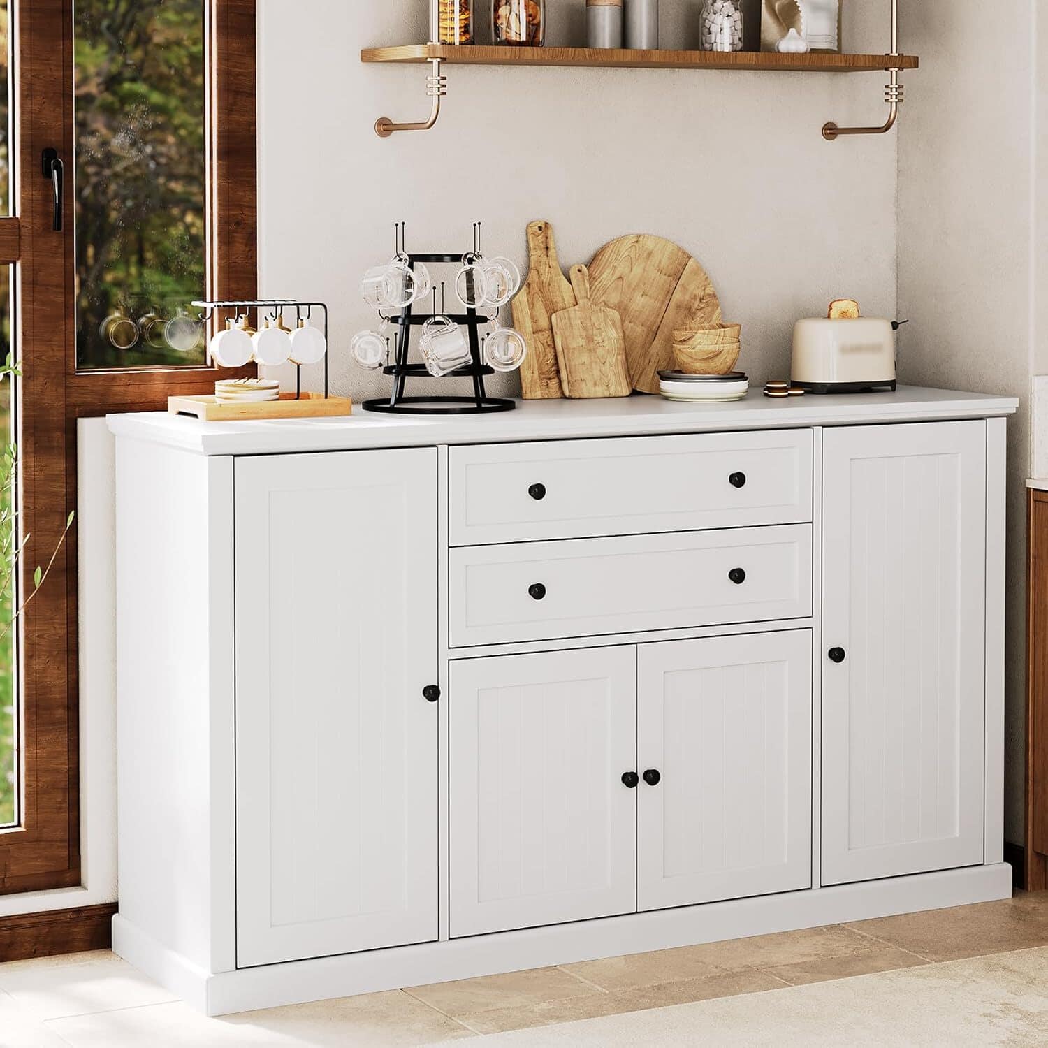GARVEE - Large Kitchen Buffet Storage Sideboard, 58" Farmhouse Wood Coffee Bar Cabinet, 2 Large Drawers - White