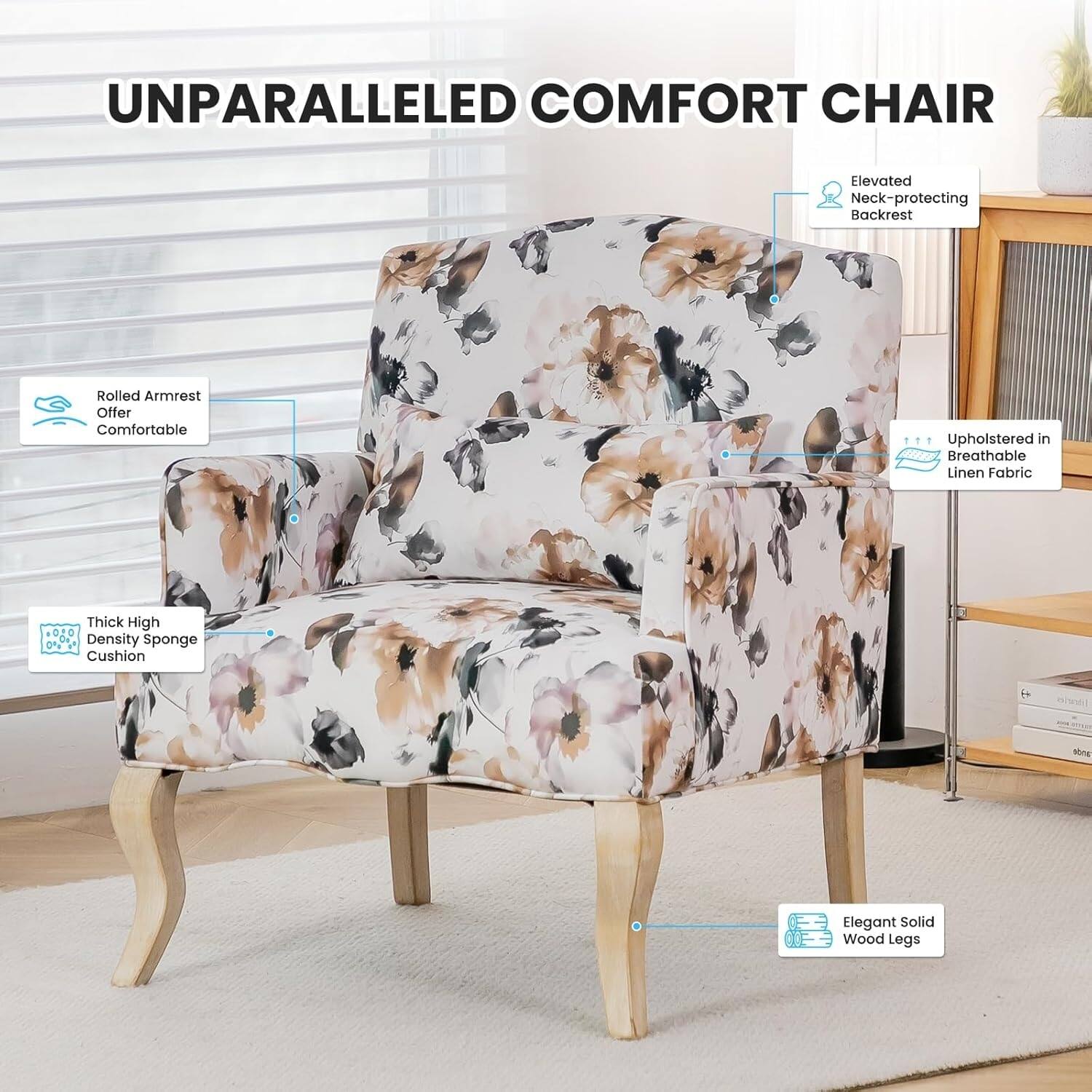 UNPARALLELED COMFORT CHAIR

- Rolled Armrest
  Offer Comfortable

- Elevated Neck-protecting Backrest

- Upholstered in Breathable Linen Fabric

- Thick High Density Sponge Cushion

- Elegant Solid Wood Legs