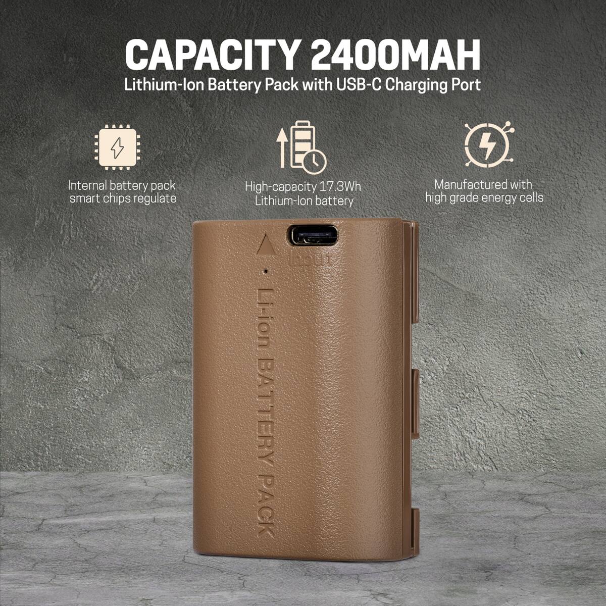 CAPACITY 2400MAH Lithium-lon Battery Pack with USB-C Charging Port

Internal battery pack smart chips regulate

High-capacity 17.3Wh Lithium-lon battery

4 Manufactured with high grade energy cells

Li-ion BATTERY PACK