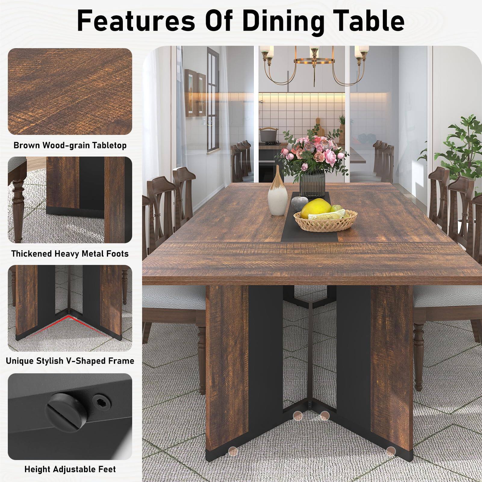 Features Of Dining Table

- Brown Wood-grain Tabletop
- Thickened Heavy Metal Feet
- Unique Stylish V-Shaped Frame
- Height Adjustable Feet