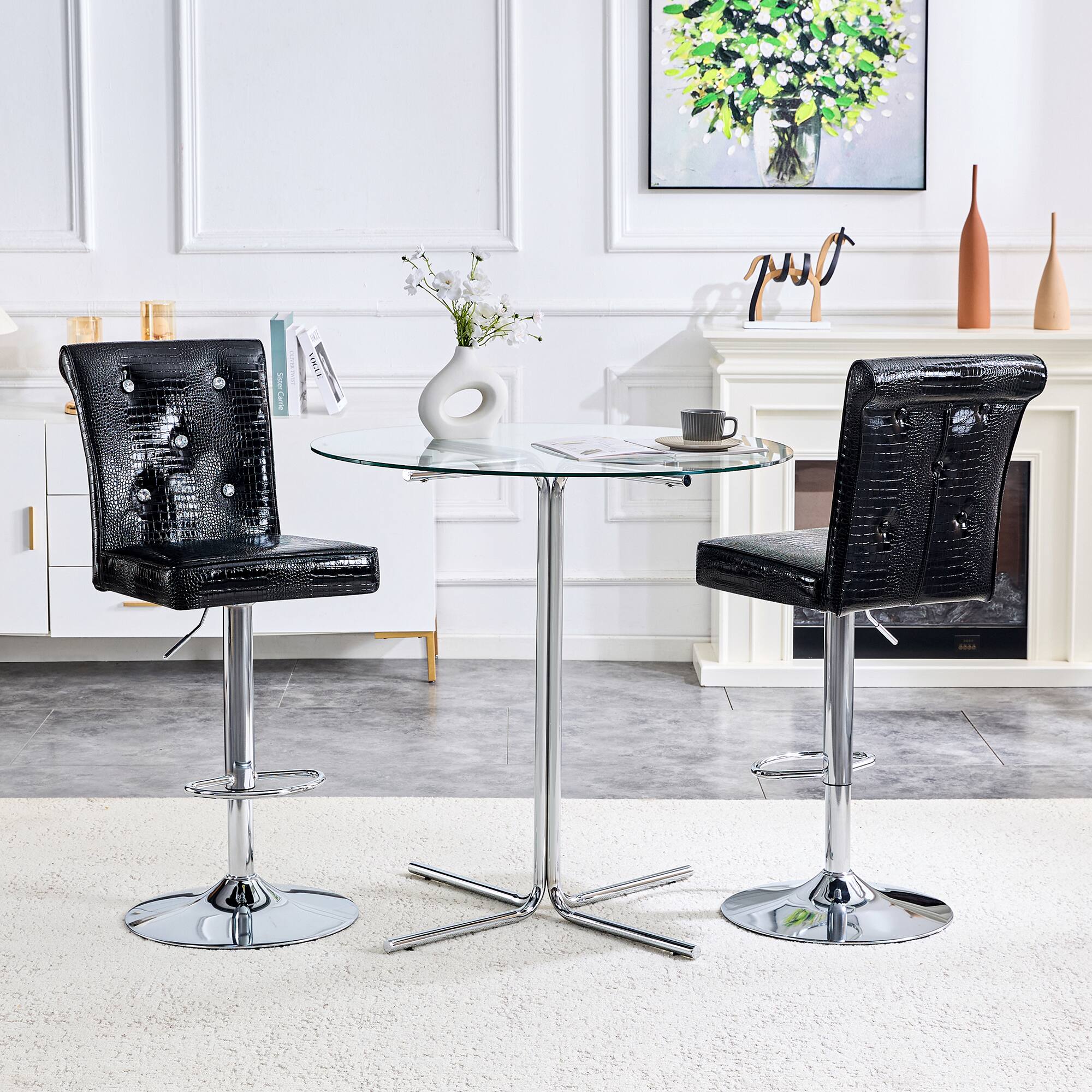 Left. Loheer - Vintage Faux Crocodile Lift Bar Stools Set of 2 Crystal Tufted 1.8x1.42x4.08 ft - Black.