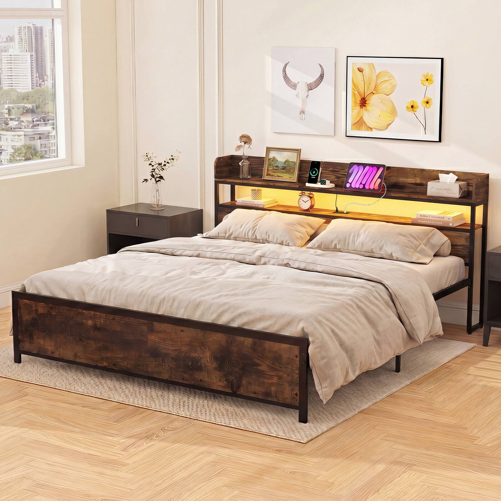 Alt View 4. Costway - Costway King Bed Frame with LED Lights Power Outlets Storage Headboard Metal Slat Support - Rustic Brown.