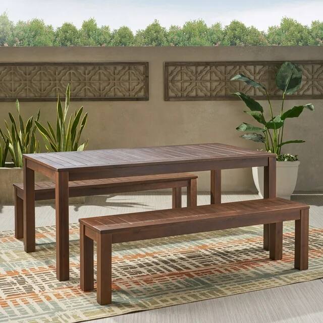 Angle. Mondawe - Acacia Wood Outdoor Table and Bench Set - Dark Brown.