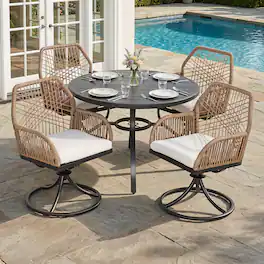 Nuu Garden - Outdoor 5PCS Dining Set, Swivel Chairs with Beige Cushions - Twisted Rattan