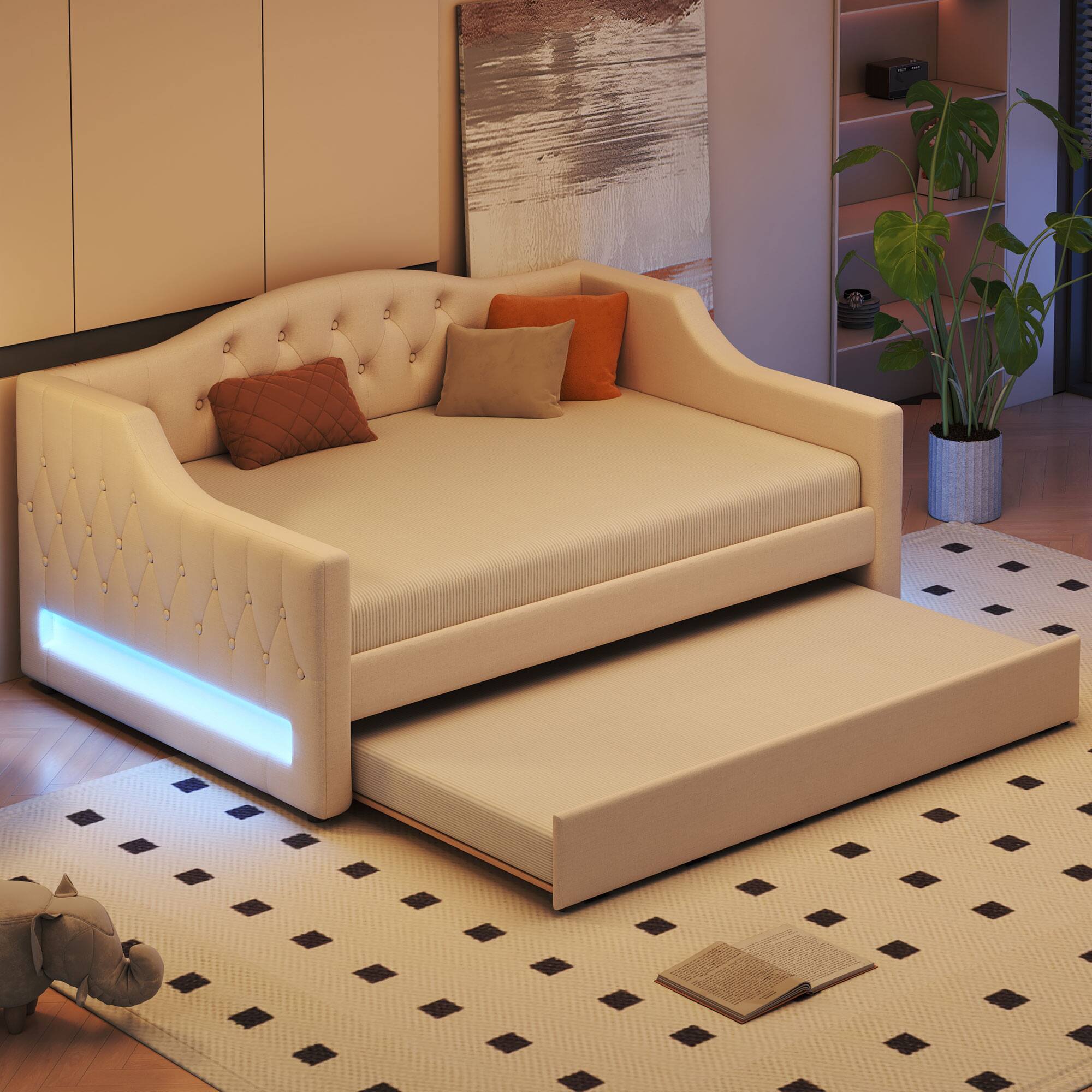 Front. Whisen - Full XL Size Upholstered Daybed with Trundle & LED Lights, Bed Frame for Guest Bedroom & Living Room - Beige.