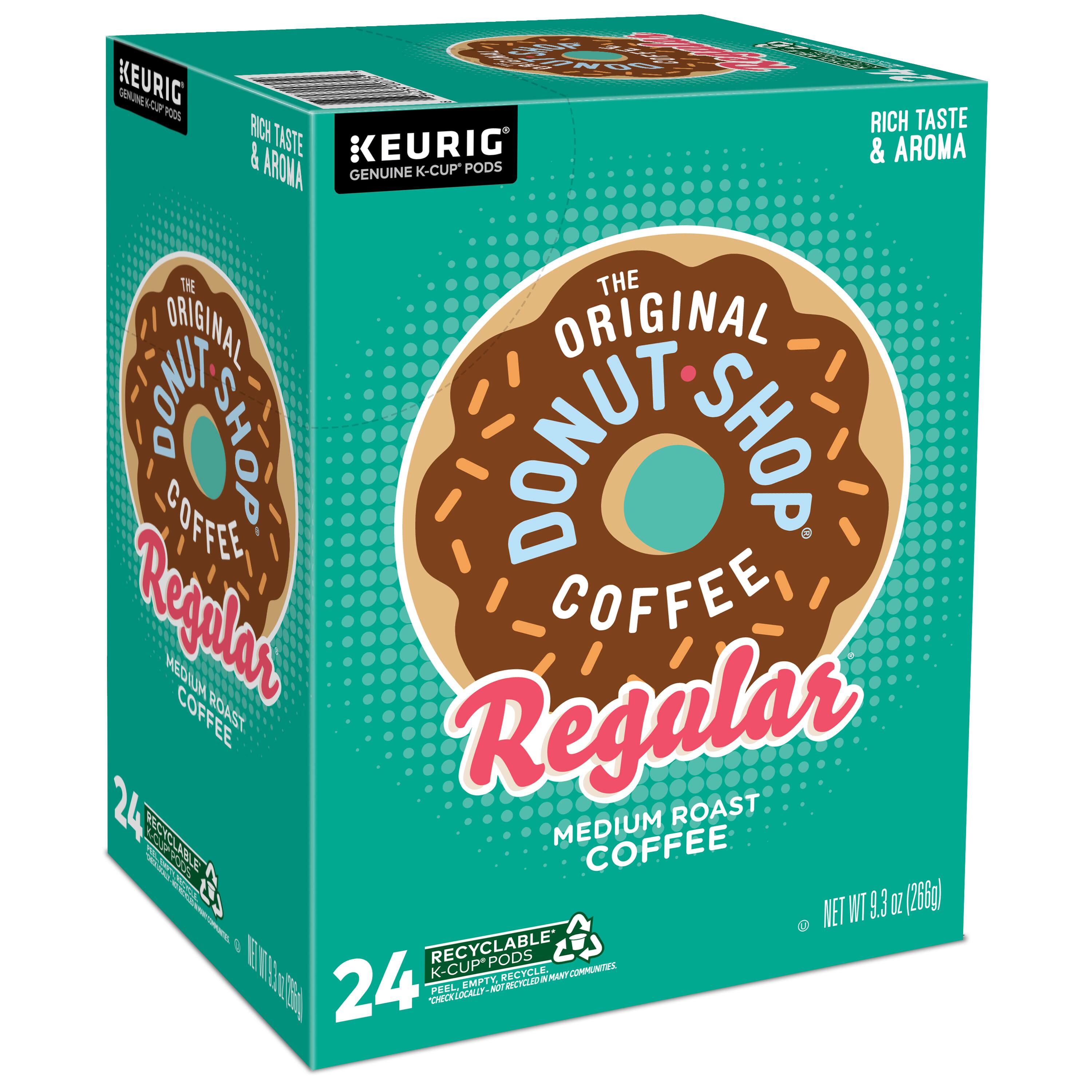 The Original Donut Shop Regular Medium Roast Coffee is a product by Keurig. It comes in a 24-count box, and it is made with rich taste and aroma. The coffee is recyclable, and it is available in K-Cup pods.