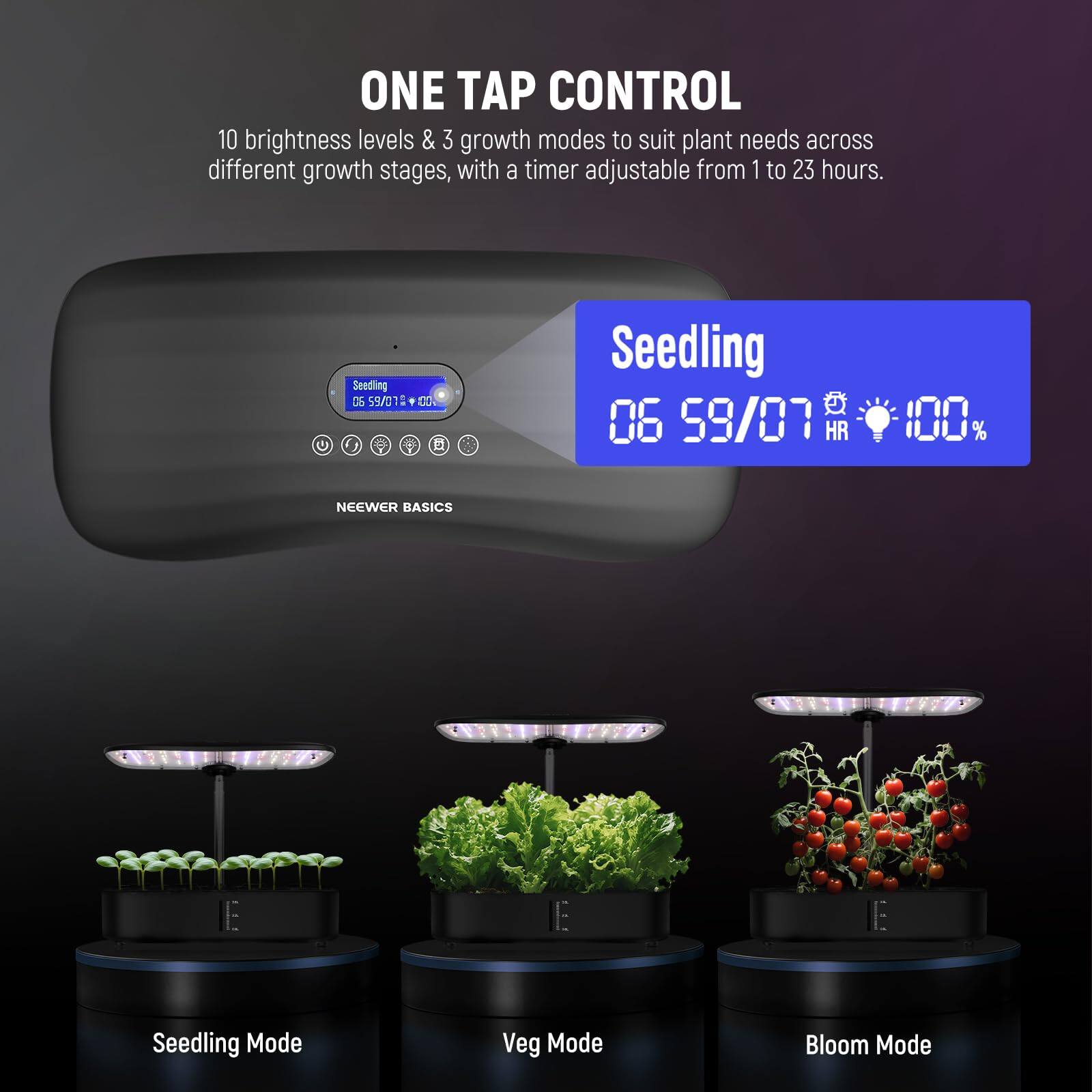 ONE TAP CONTROL  
10 brightness levels & 3 growth modes to suit plant needs across different growth stages, with a timer adjustable from 1 to 23 hours.  

Seedling DE 59/01: Y DO 2 Seedling 06 59/07  

100% NEEWER BASICS  

Seedling Mode  
Veg Mode  
Bloom Mode