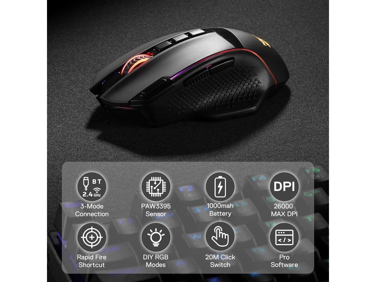 2.4 GHz  
DPI  
3-Mode Connection  
PAW3395 Sensor  
1000mAh Battery  
26000 MAX DPI  
Rapid Fire Shortcut  
DIY RGB Modes  
20M Click Switch  
Pro Software