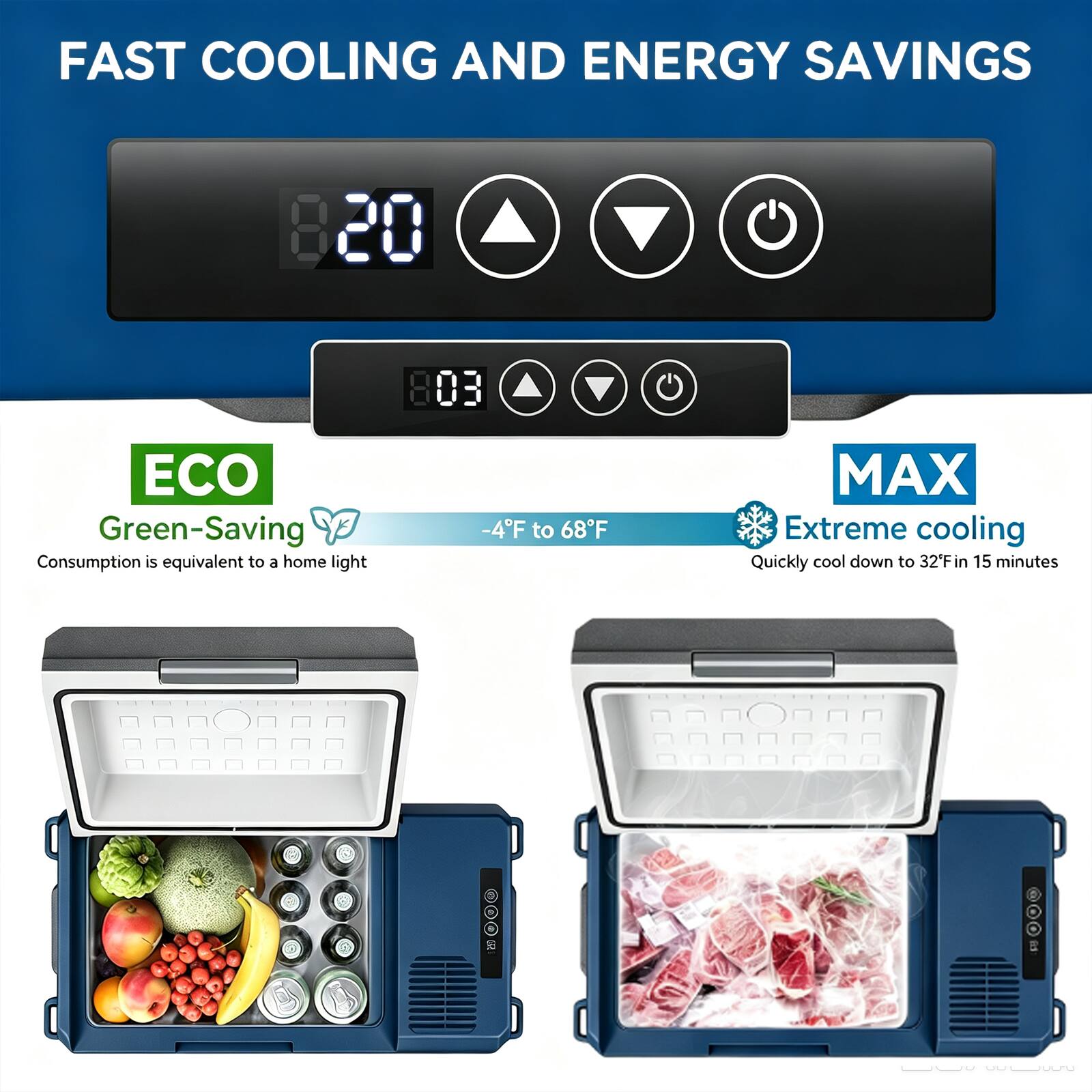 FAST COOLING AND ENERGY SAVINGS

ECO Green-Saving
-4°F to 68°F
Consumption is equivalent to a home light

MAX Extreme cooling
Quickly cool down to 32°F in 15 minutes