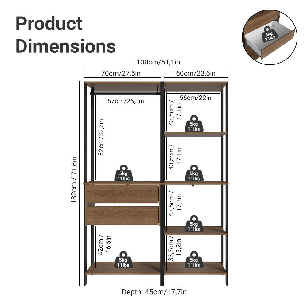 Product Dimensions

- 130cm/51.1in
- 70cm/27.5in
- 60cm/23.6in
- 182cm/71.6in
- 82cm/32.2in
- 67cm/26.3in
- 56cm/22in
- 43.5cm/17.1in
- 43.5cm/17.1in
- 43.5cm/17.1in
- 33.7cm/13.2in
- Depth: 45cm/17.7in

Weight Capacity: 5kg/11lbs