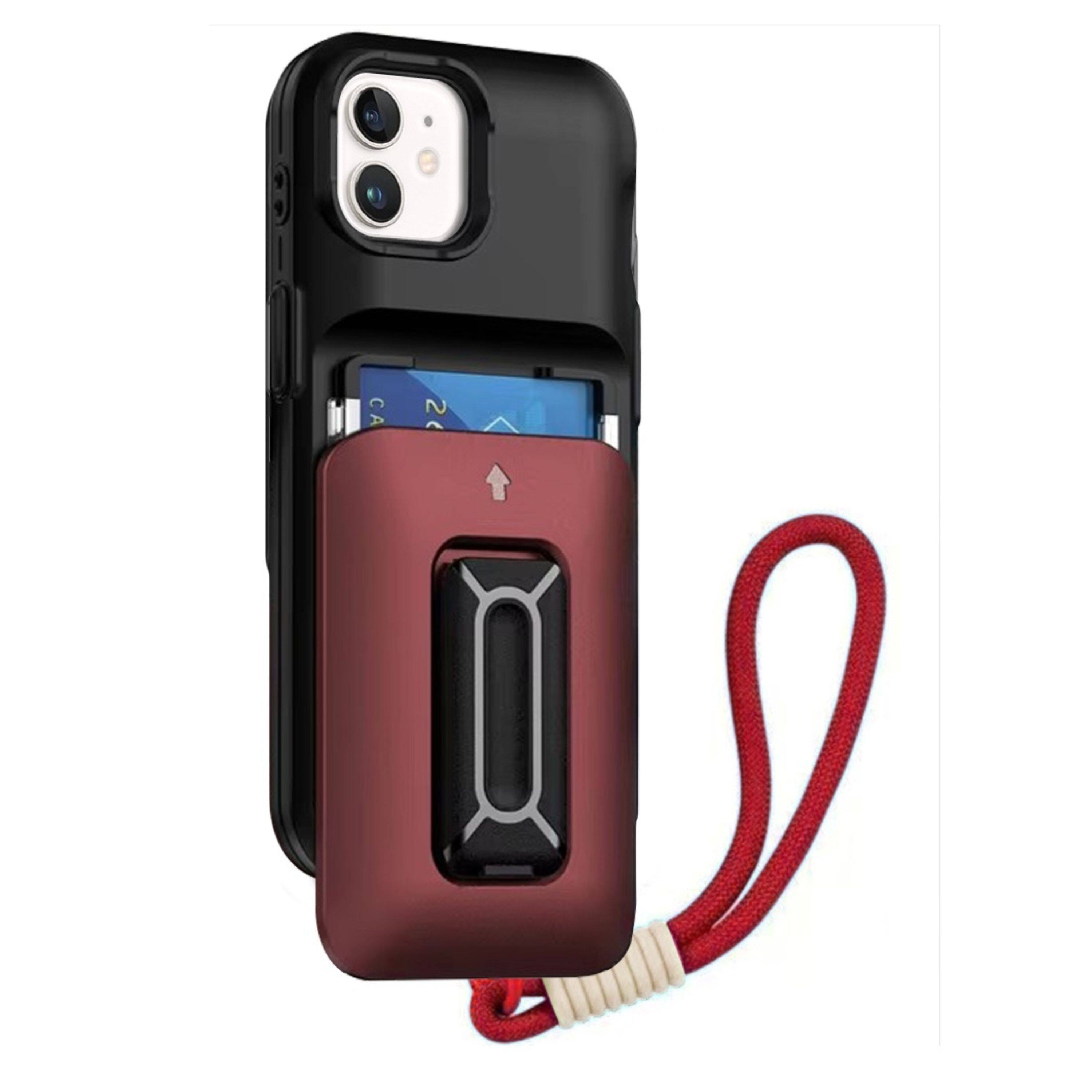 Angle. Kitcheniva - Matte Finish Phone Case With Card Holder Kickstand Strap Tempered Glass For iPhone 12/12 Pro Black Red - Black Red.