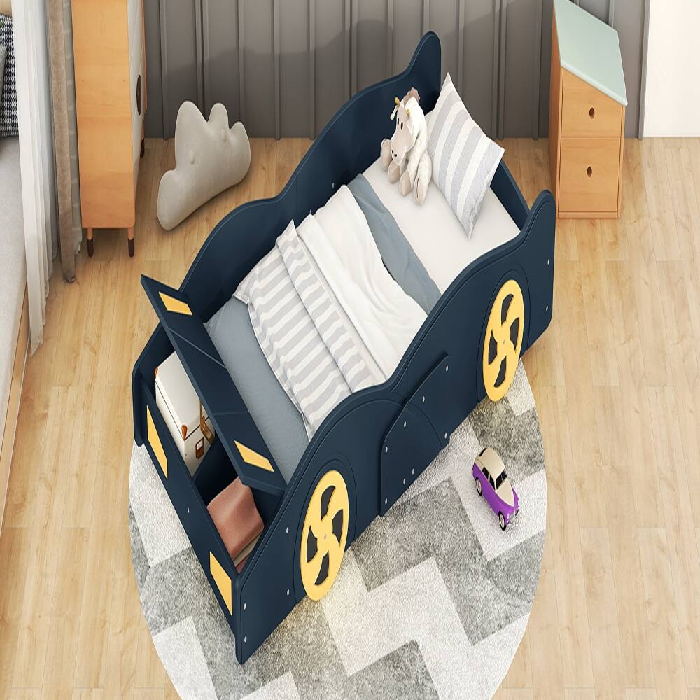 Alt View 3. Loheer - Loheer Twin Race Car Bed with Storage, Dark Blue Yellow Kids Bed - Dark Blue+Yellow.