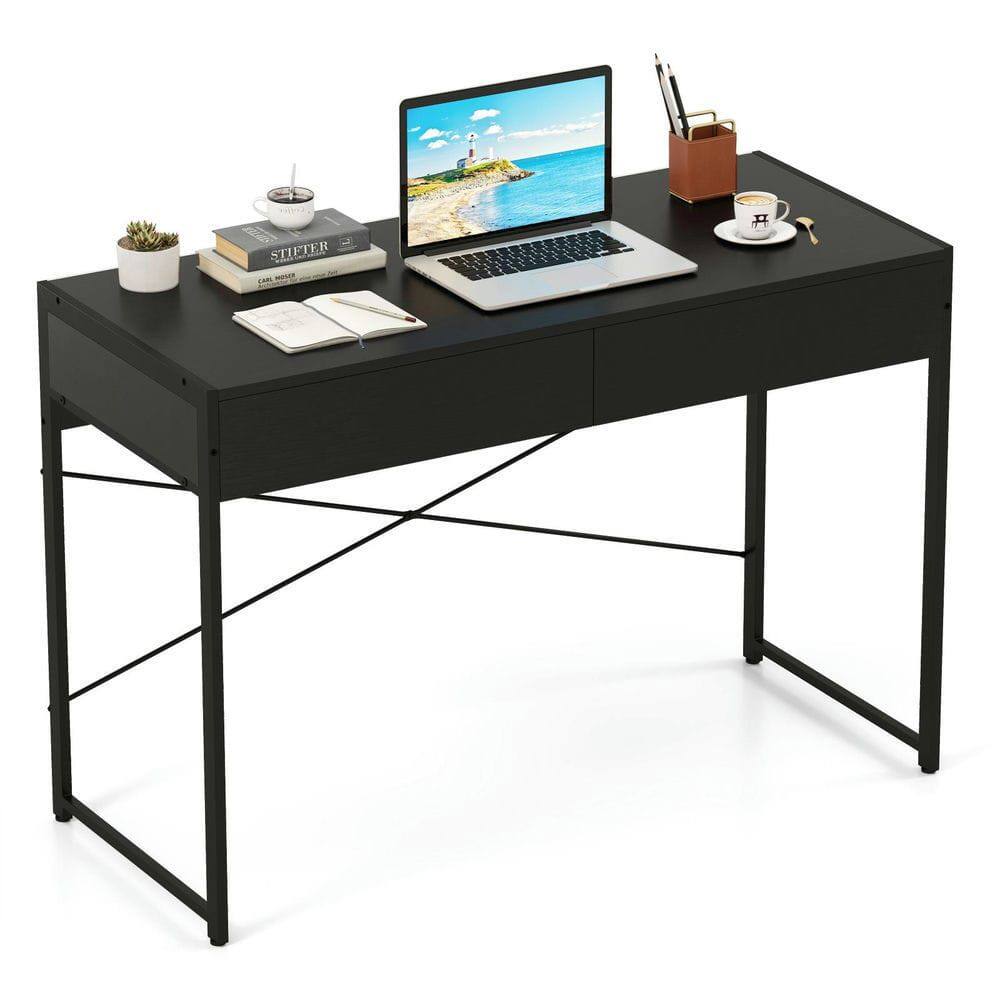 Back. Resenkos - 44-Inch Home Office Computer Desk - 2 Drawers, Metal Frame, Black - Black.