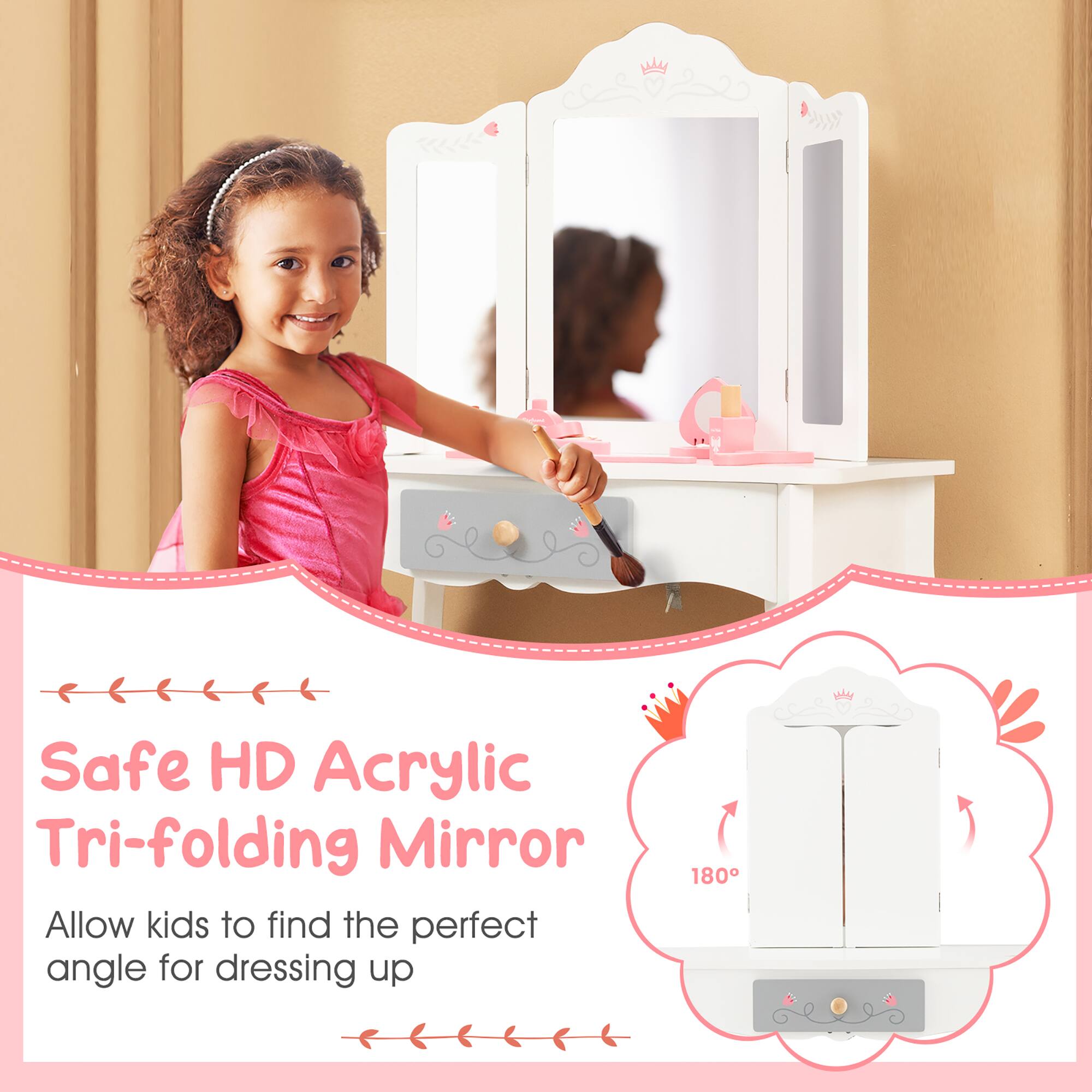 Safe HD Acrylic Tri-folding Mirror

Allow kids to find the perfect angle for dressing up

180°