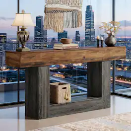 GOODSILO - Farmhouse Style Narrow Console Table with U-Shaped Base and Lower Shelf for Living Room or Entryway - Blue+Grey+Brown