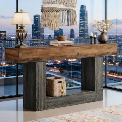 Front. GOODSILO - Farmhouse Style Narrow Console Table with U-Shaped Base and Lower Shelf for Living Room or Entryway - Blue+Grey+Brown.