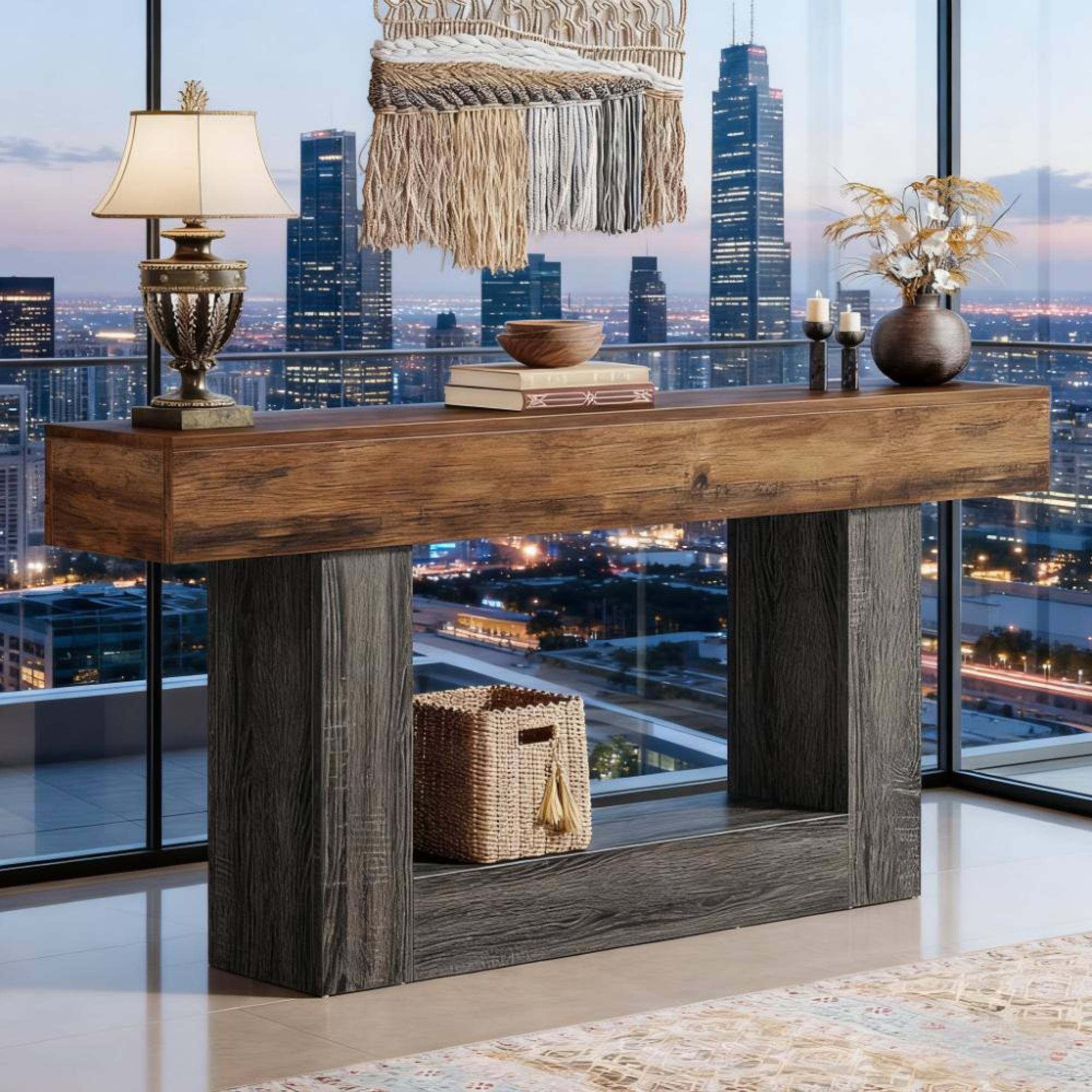 Front. GOODSILO - Farmhouse Style Narrow Console Table with U-Shaped Base and Lower Shelf for Living Room or Entryway - Blue+Grey+Brown.